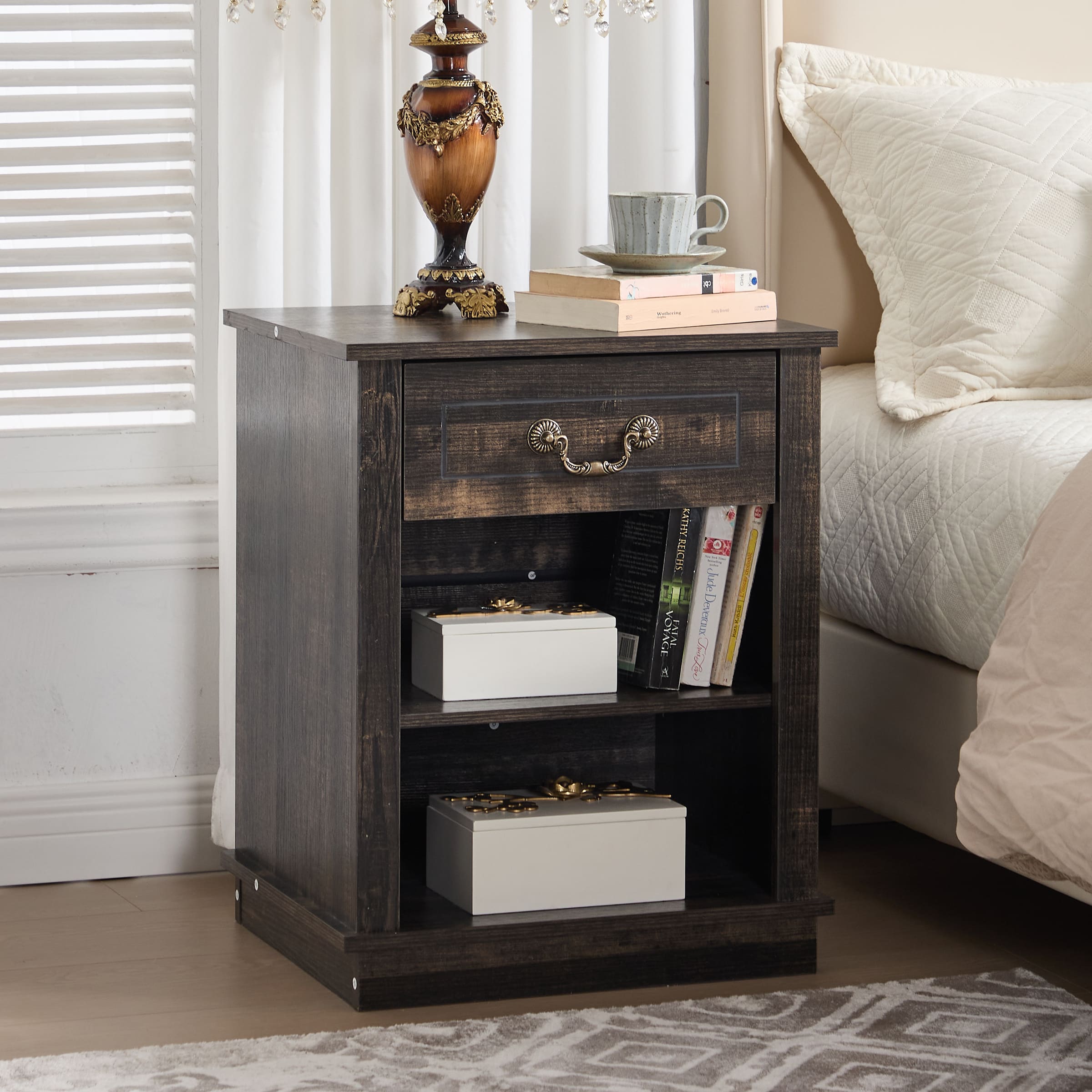 Kmax Farmhouse Nightstand with Drawer and Adjustable Shelf - XX162CB