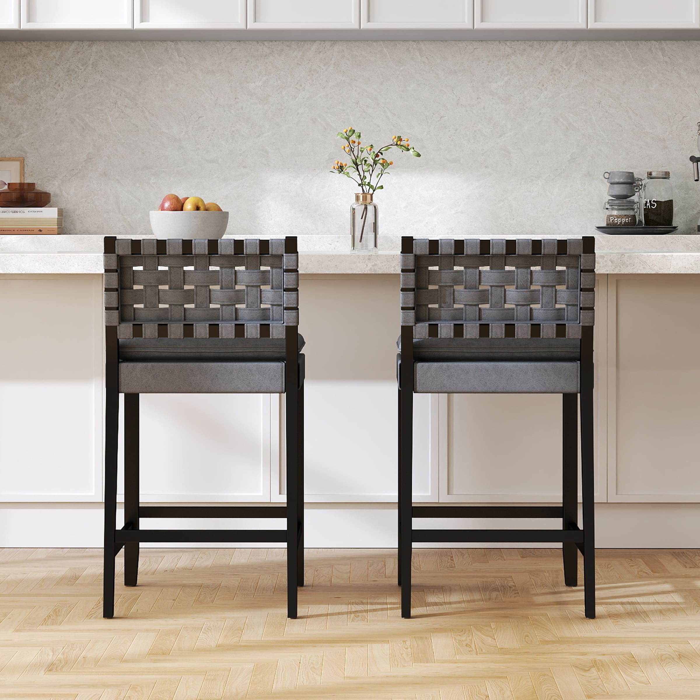 Kmax Mid Century Leather Rattan Bar Stools Set of 2 - 50080CS