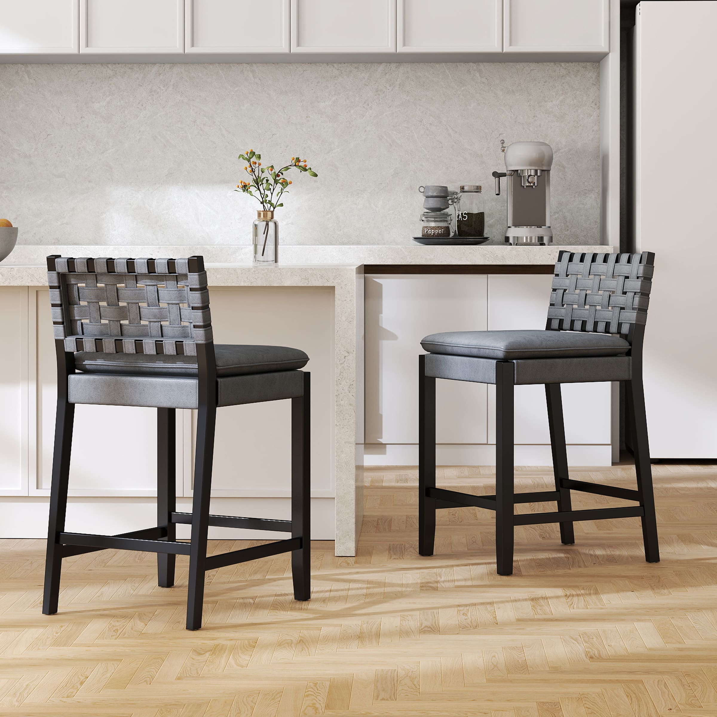 Kmax Mid Century Leather Rattan Bar Stools Set of 2 - 50080CS