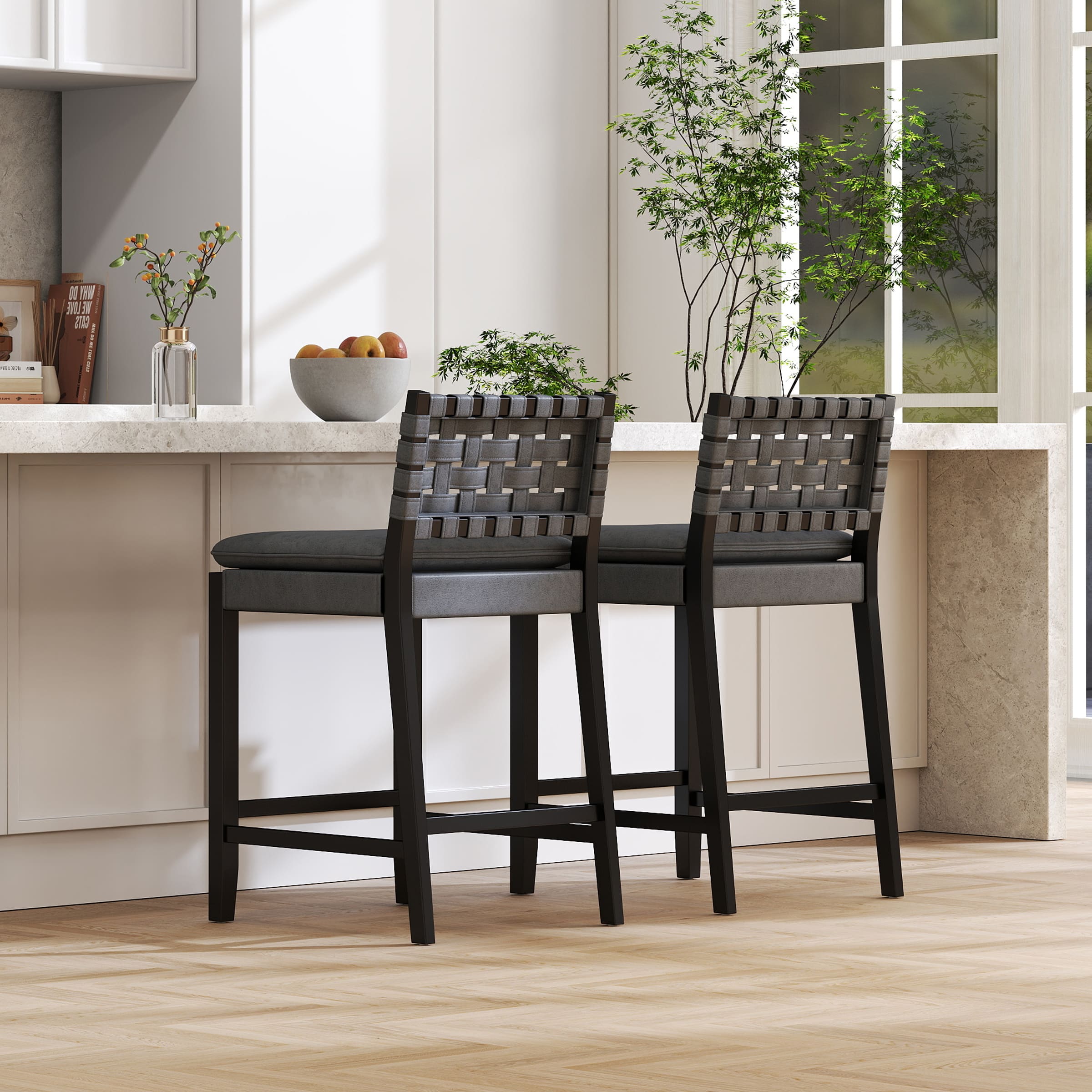 Kmax Mid Century Leather Rattan Bar Stools Set of 2 - 50080CS