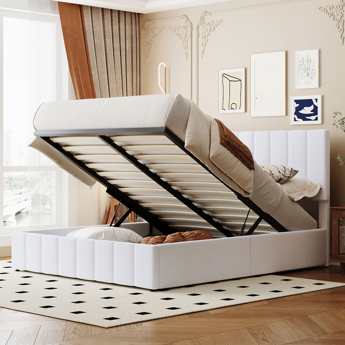 Linen Upholstered Platform Bed with Hydraulic Storage System