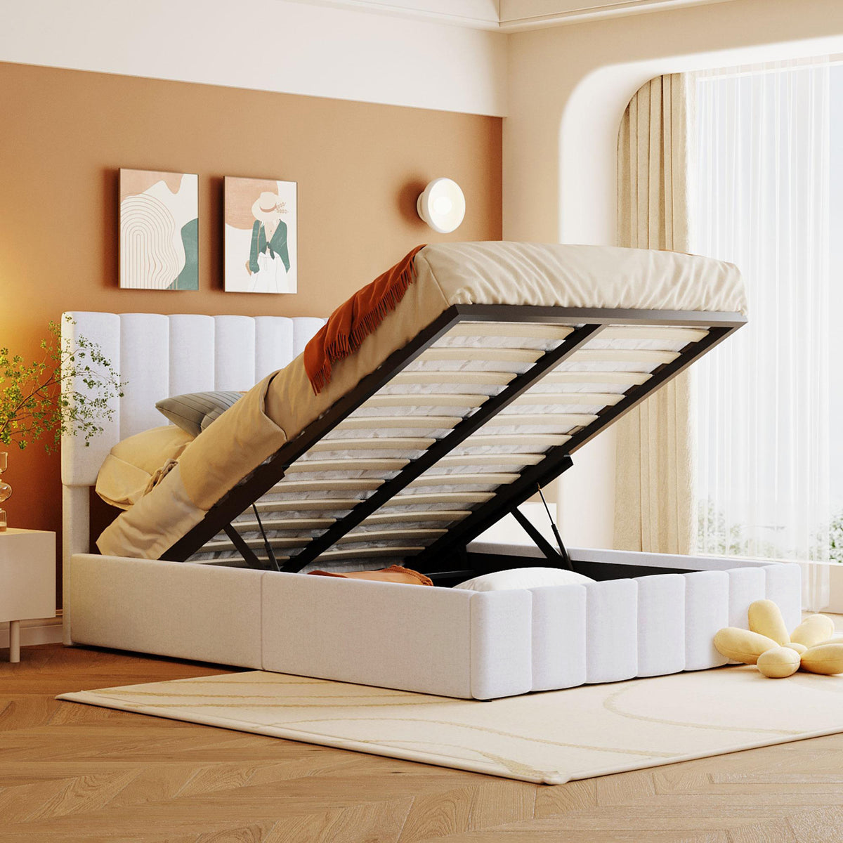 Linen Upholstered Platform Bed with Hydraulic Storage System