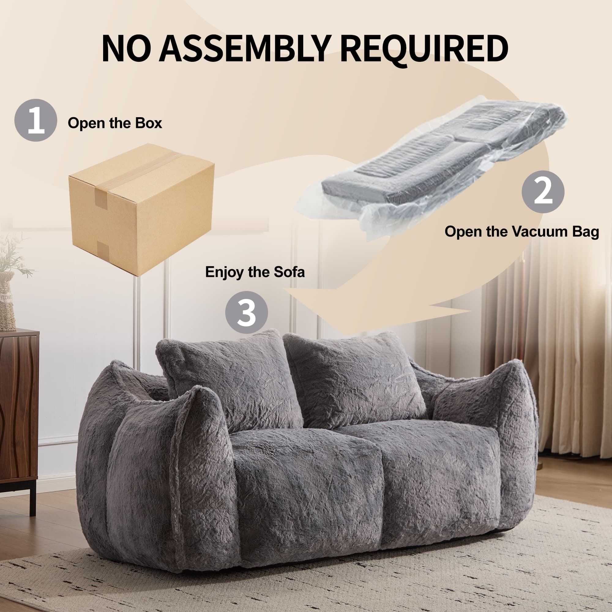 Giant 75" Faux Fur Bean Bag Couch 2 Seater Loveseat Sofa