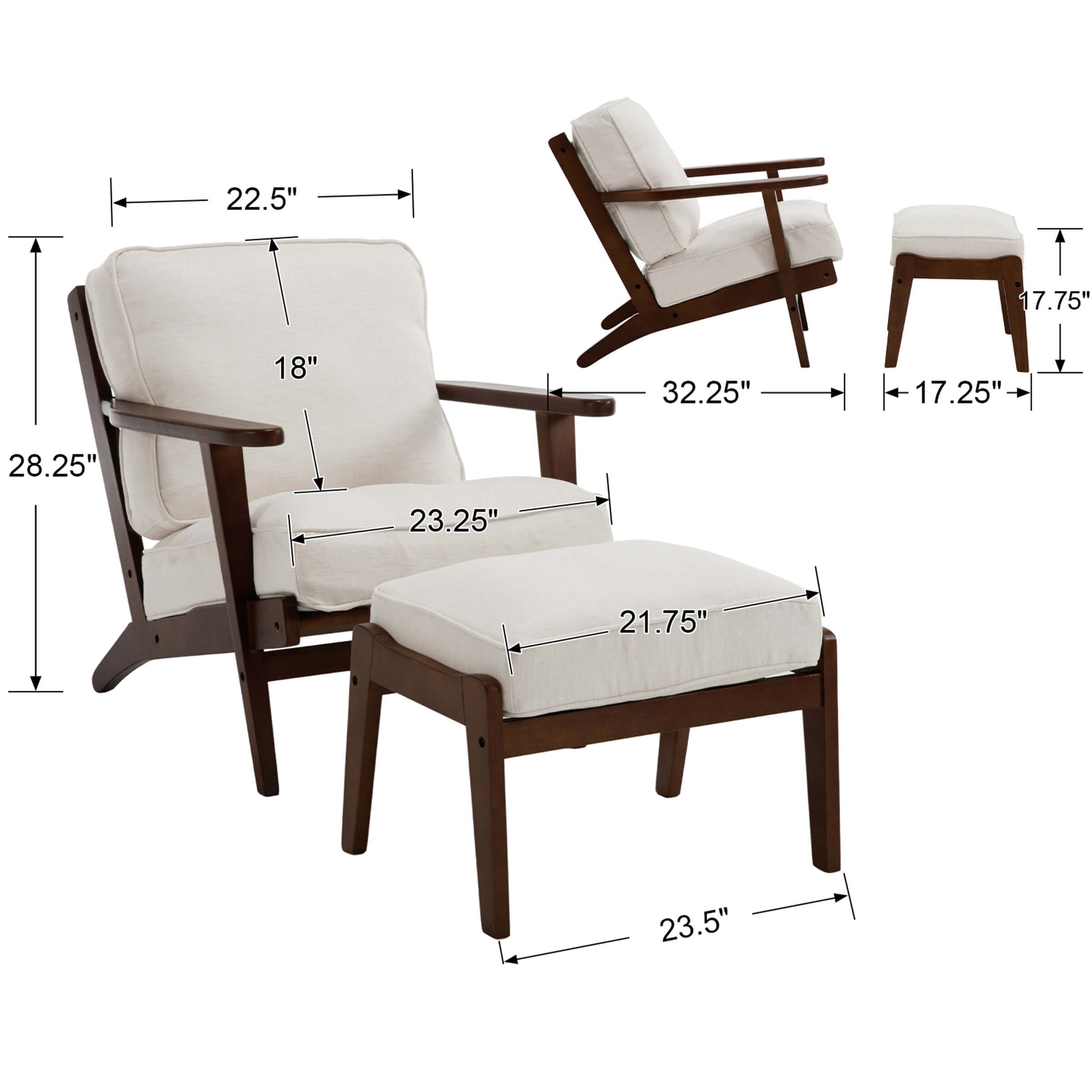 ROCITY Mid-Century Upholstered Armchair with Ottoman - 3649AO