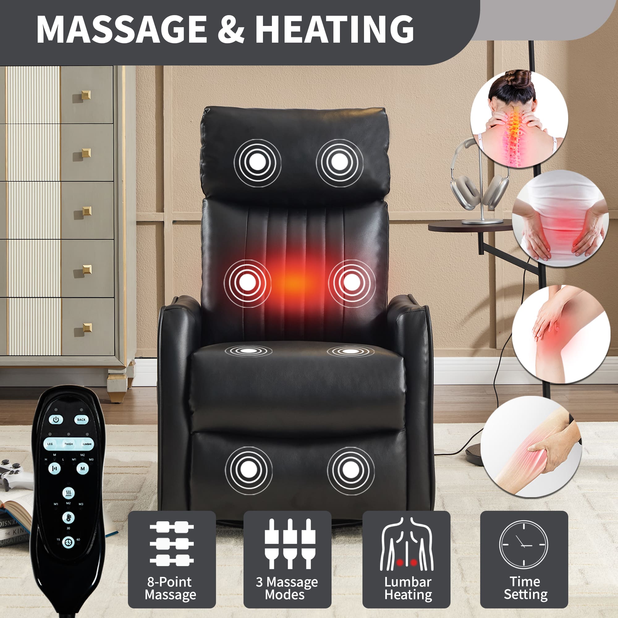 Black Faux Leather Manual Swivel Rocker Massage Heat Recliner Chair