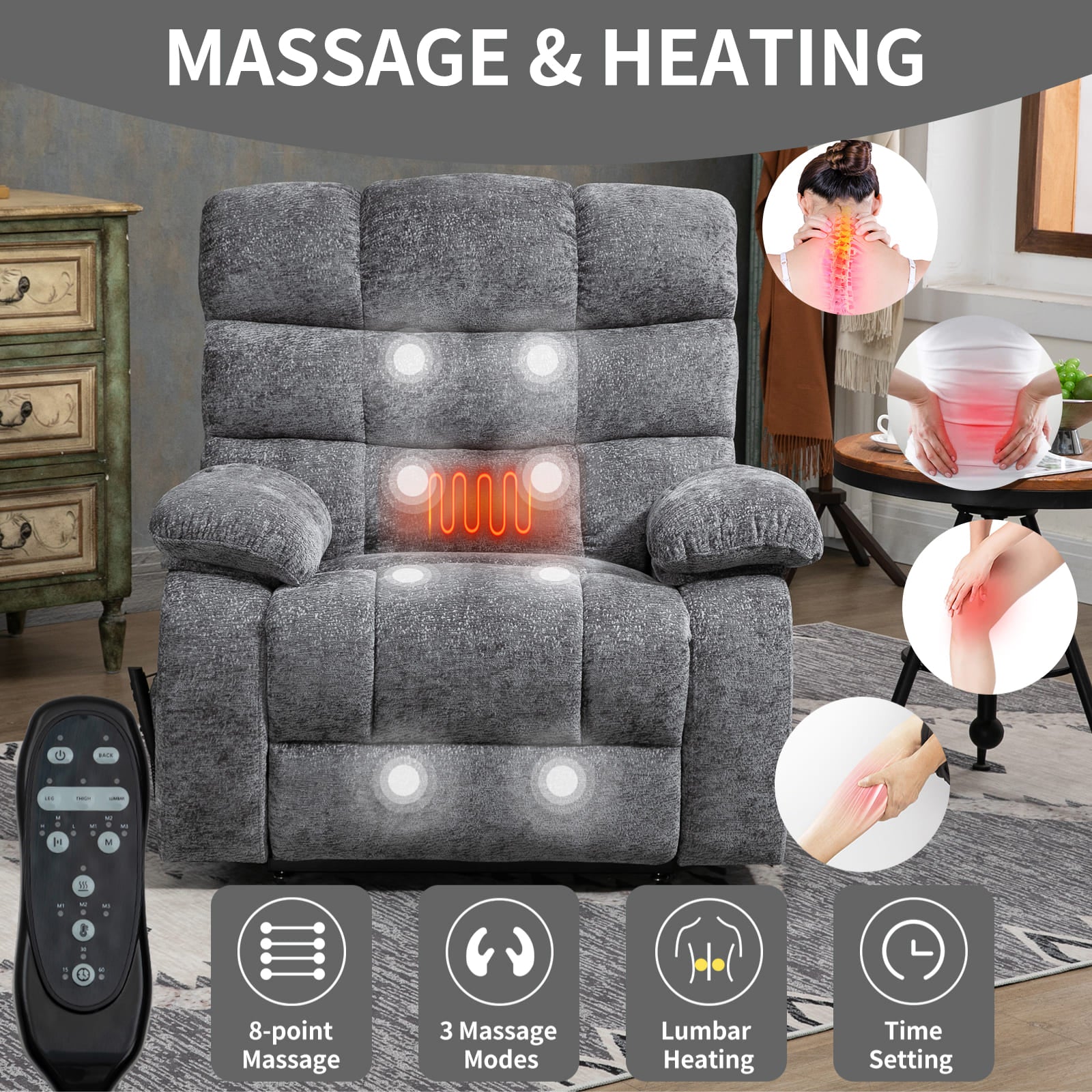 Oversized German Dual Motor Electric Massage Heat Power Lift Recliner Chair