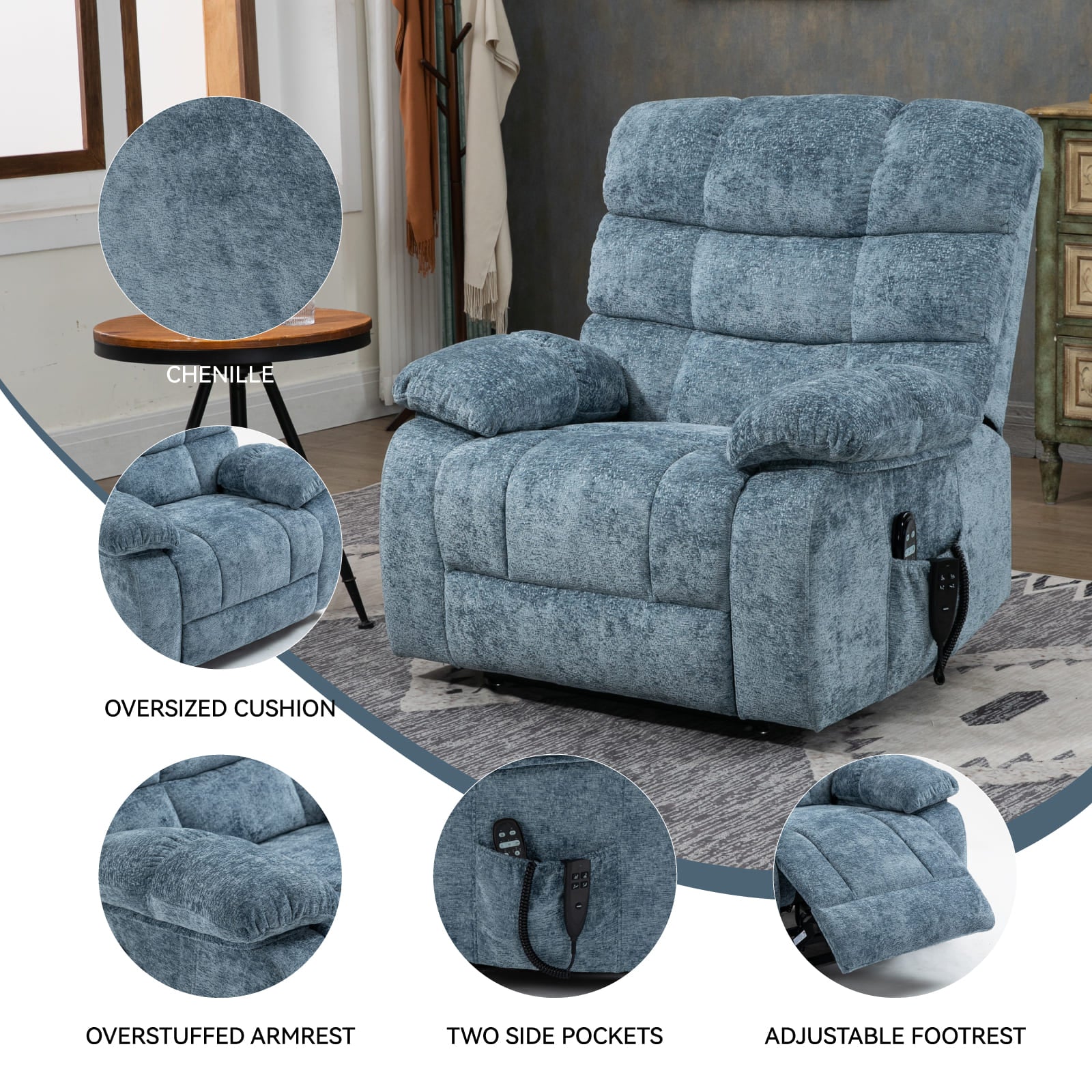 Oversized German Dual Motor Electric Massage Heat Power Lift Recliner Chair