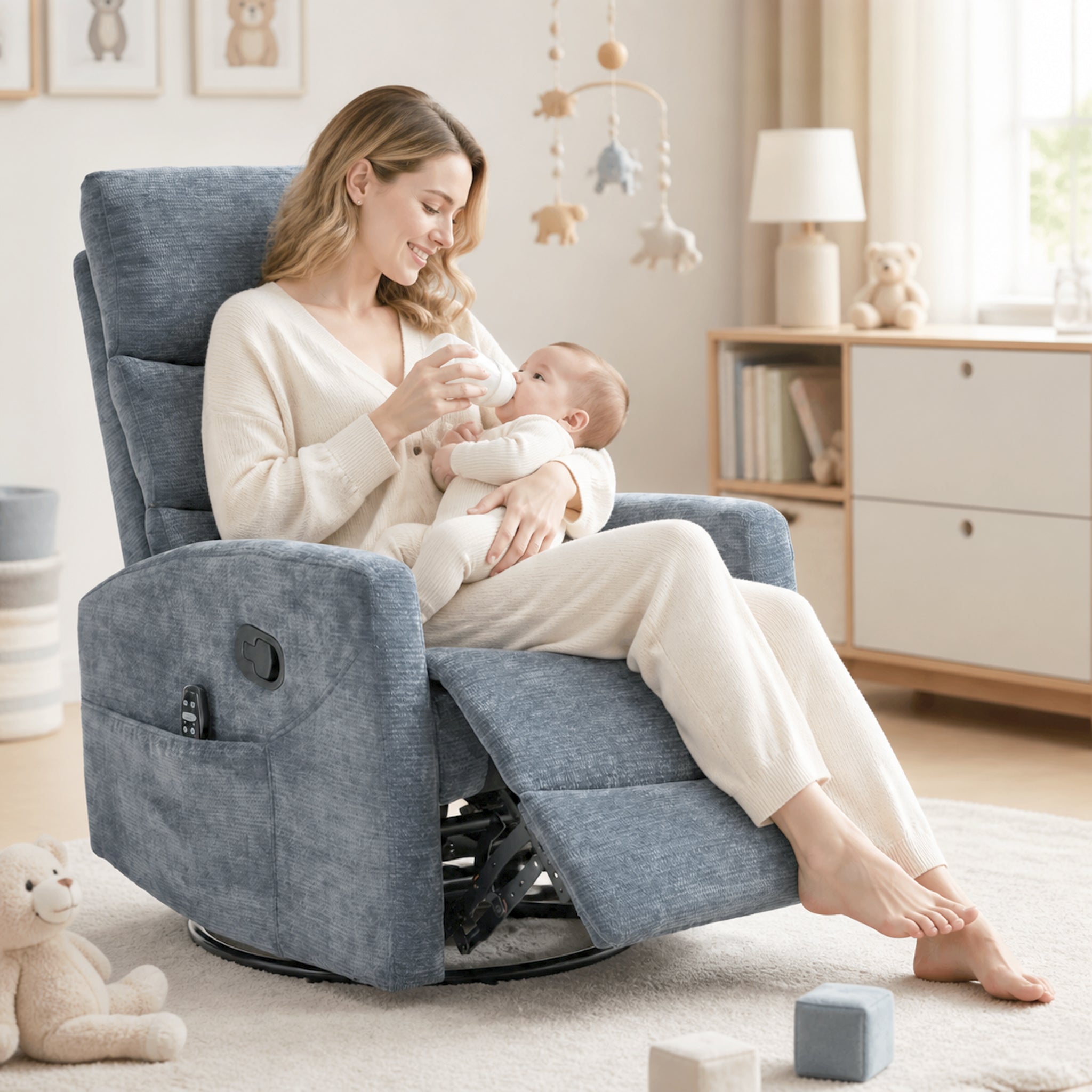 Modern Chenille 360 Swivel Rocker Massage Heat Recliner Chair