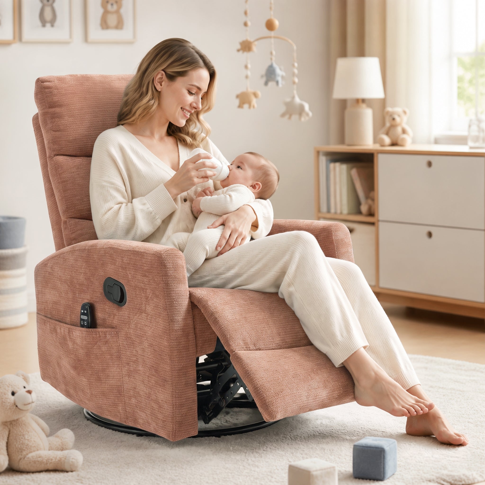 Modern Chenille 360 Swivel Rocker Massage Heat Recliner Chair