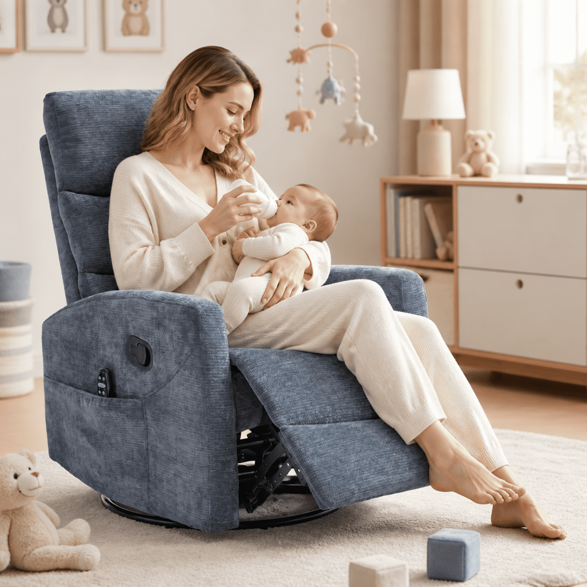 Modern Chenille 360 Swivel Rocker Massage Heat Recliner Chair