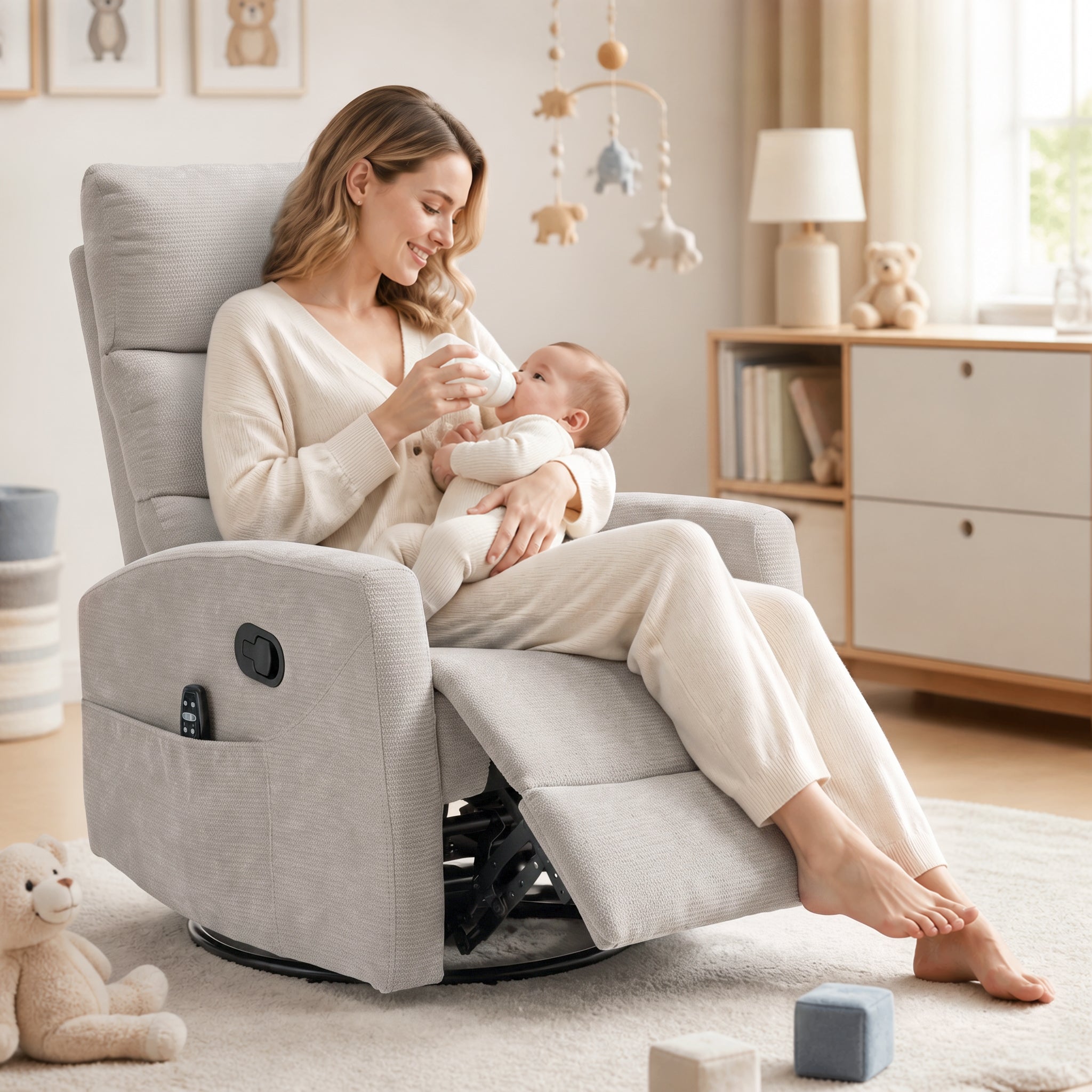 Modern Chenille 360 Swivel Rocker Massage Heat Recliner Chair