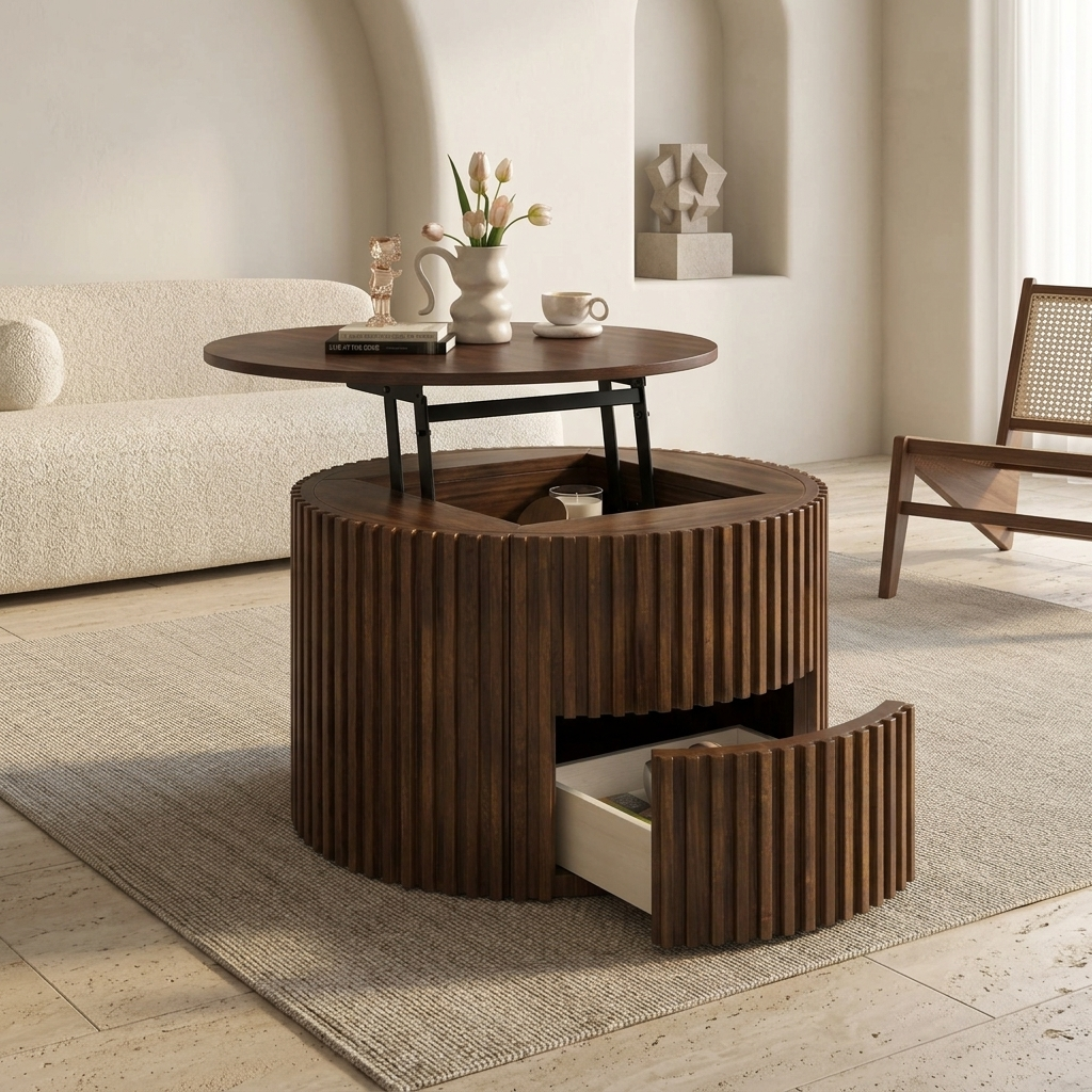 29.8" Round Lift Top Coffee Table with Storage & Fluted Base