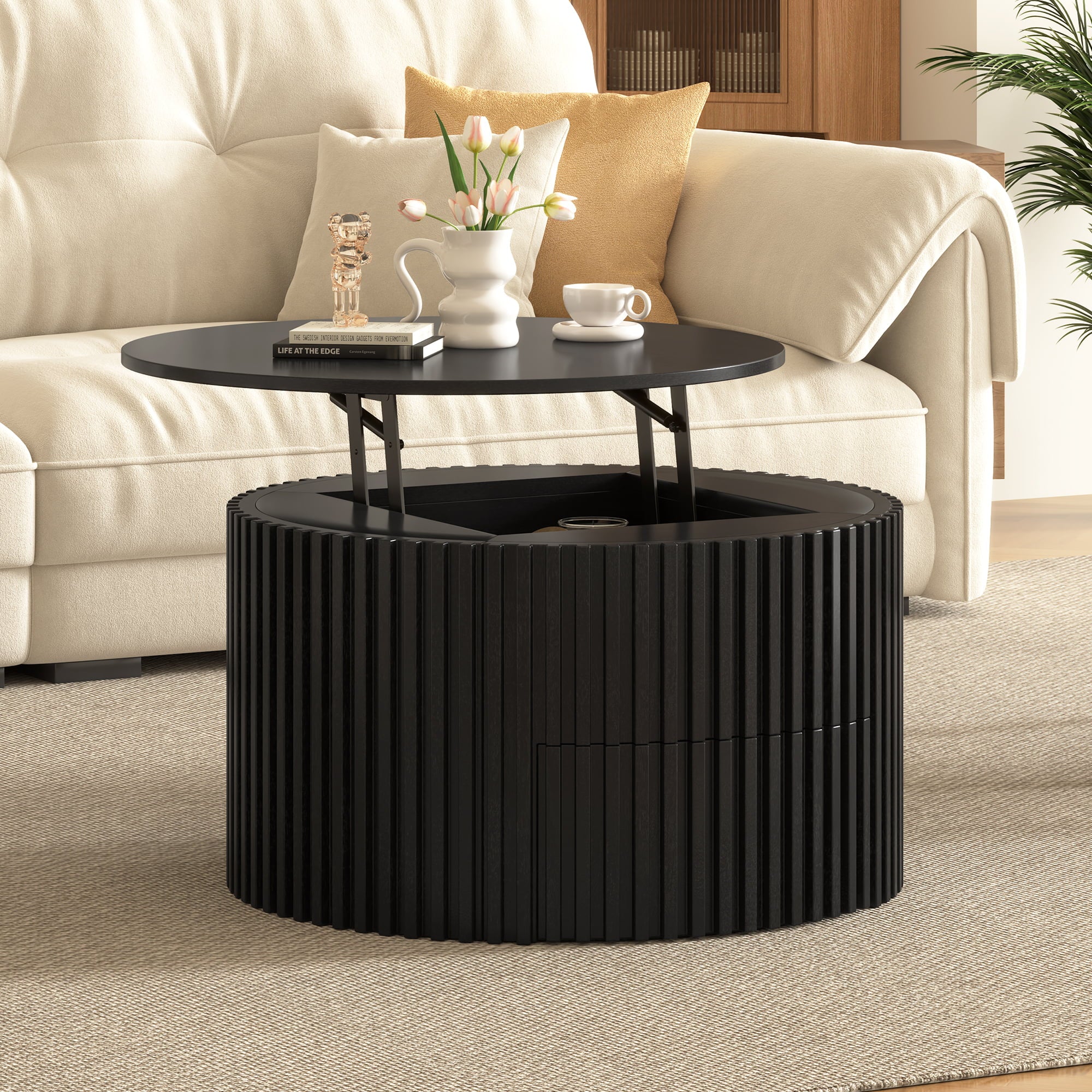 29.8" Round Lift Top Coffee Table with Storage & Fluted Base