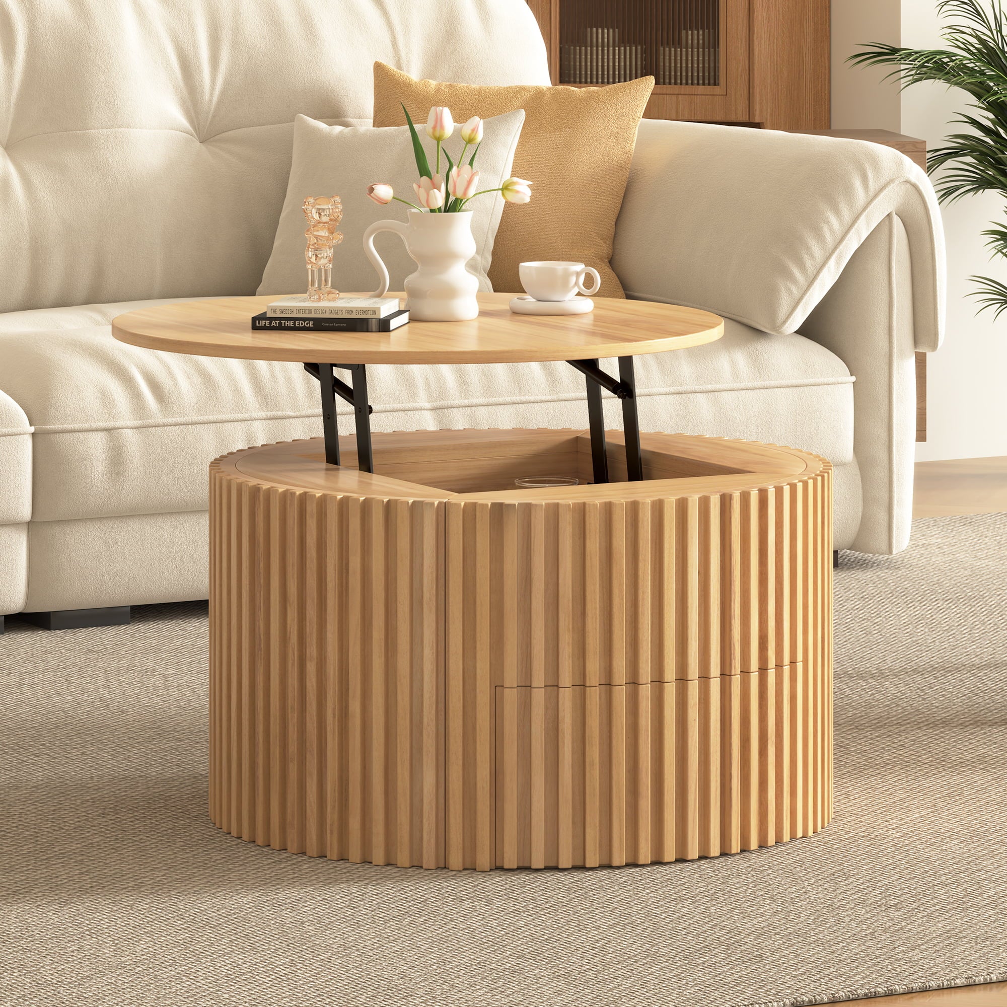 29.8" Round Lift Top Coffee Table with Storage & Fluted Base