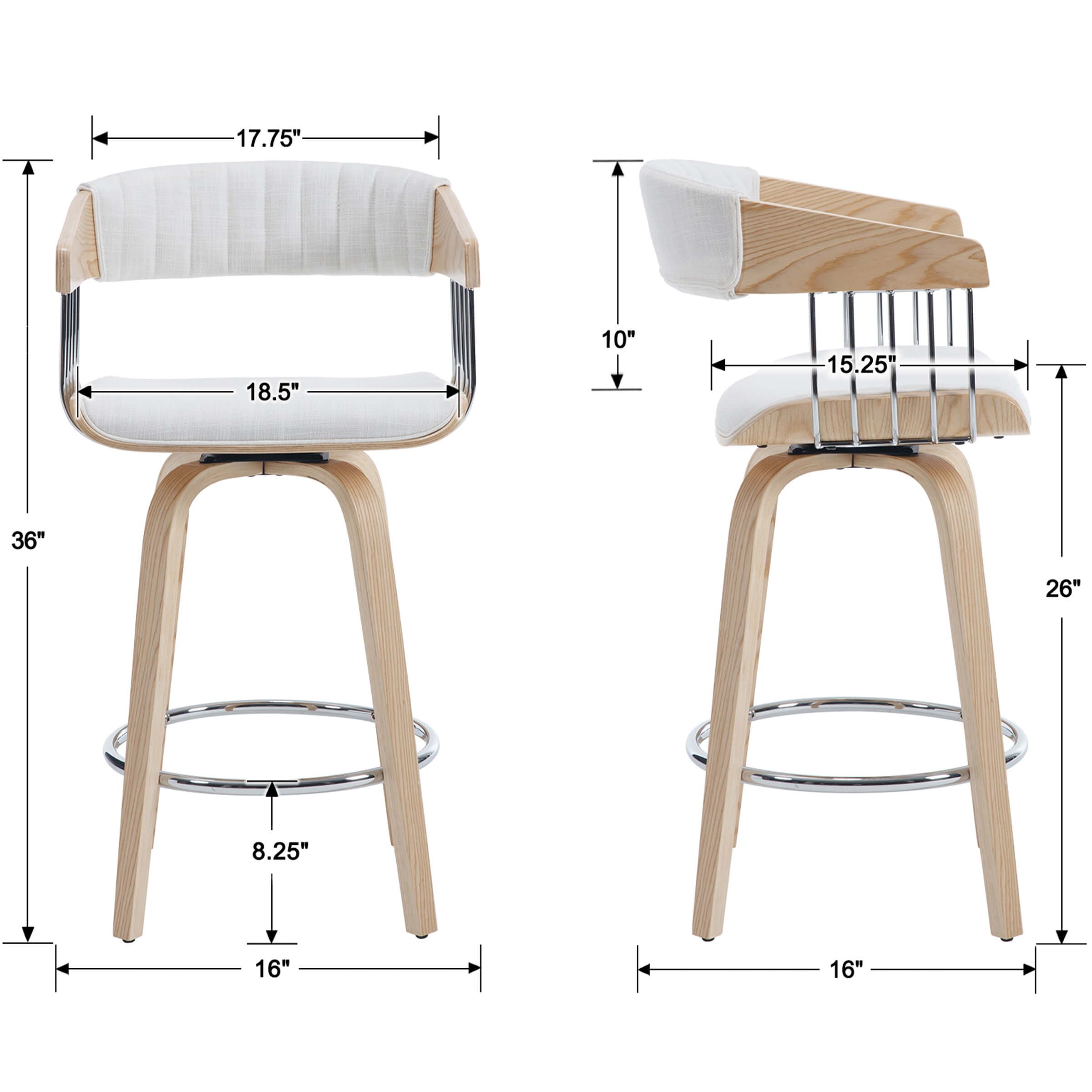 VESCASA 26"H Swivel Wood Legs Counter Stools Set of 2 - 3111CS
