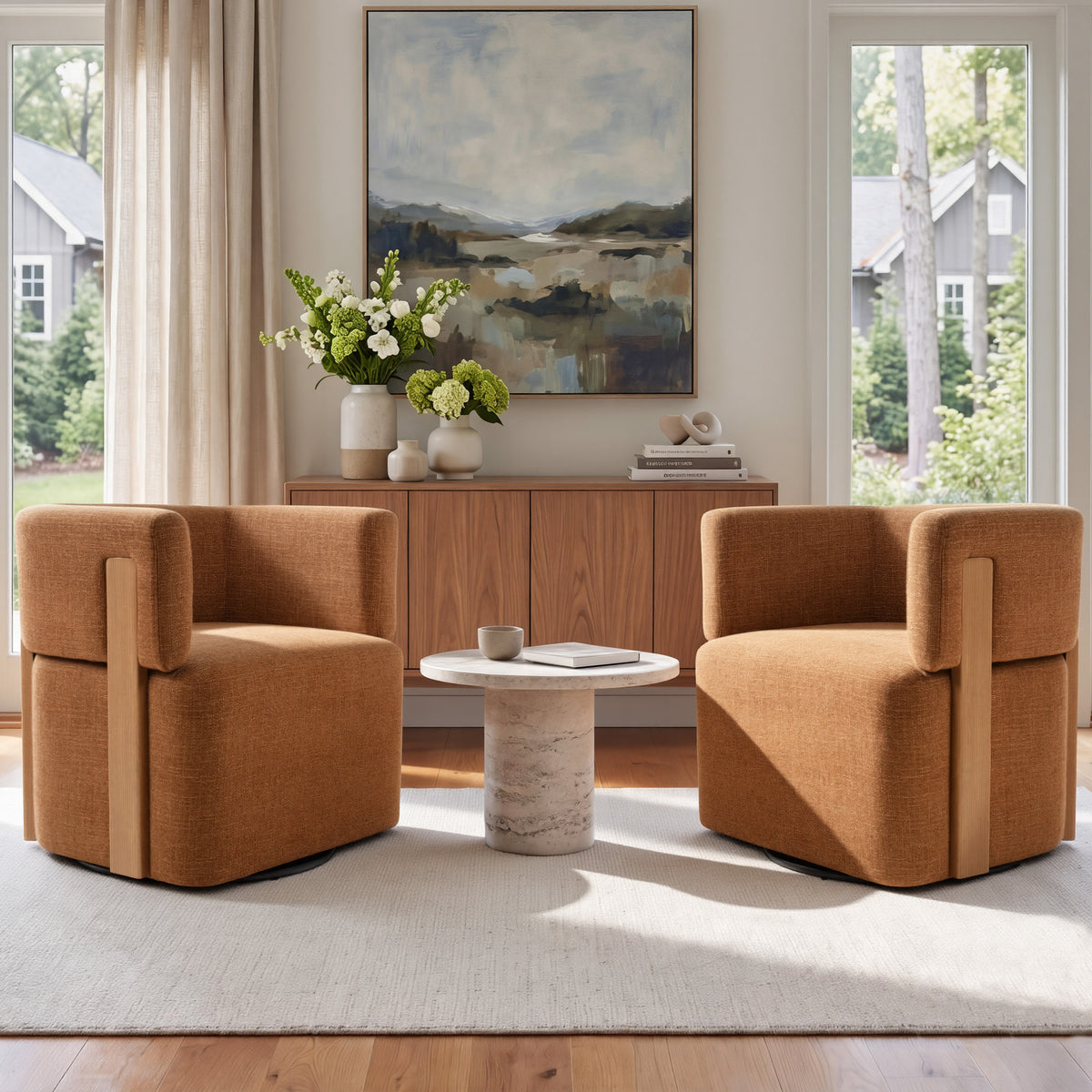 Modern Swivel Linen Accent Chair with Ash Wood Supports