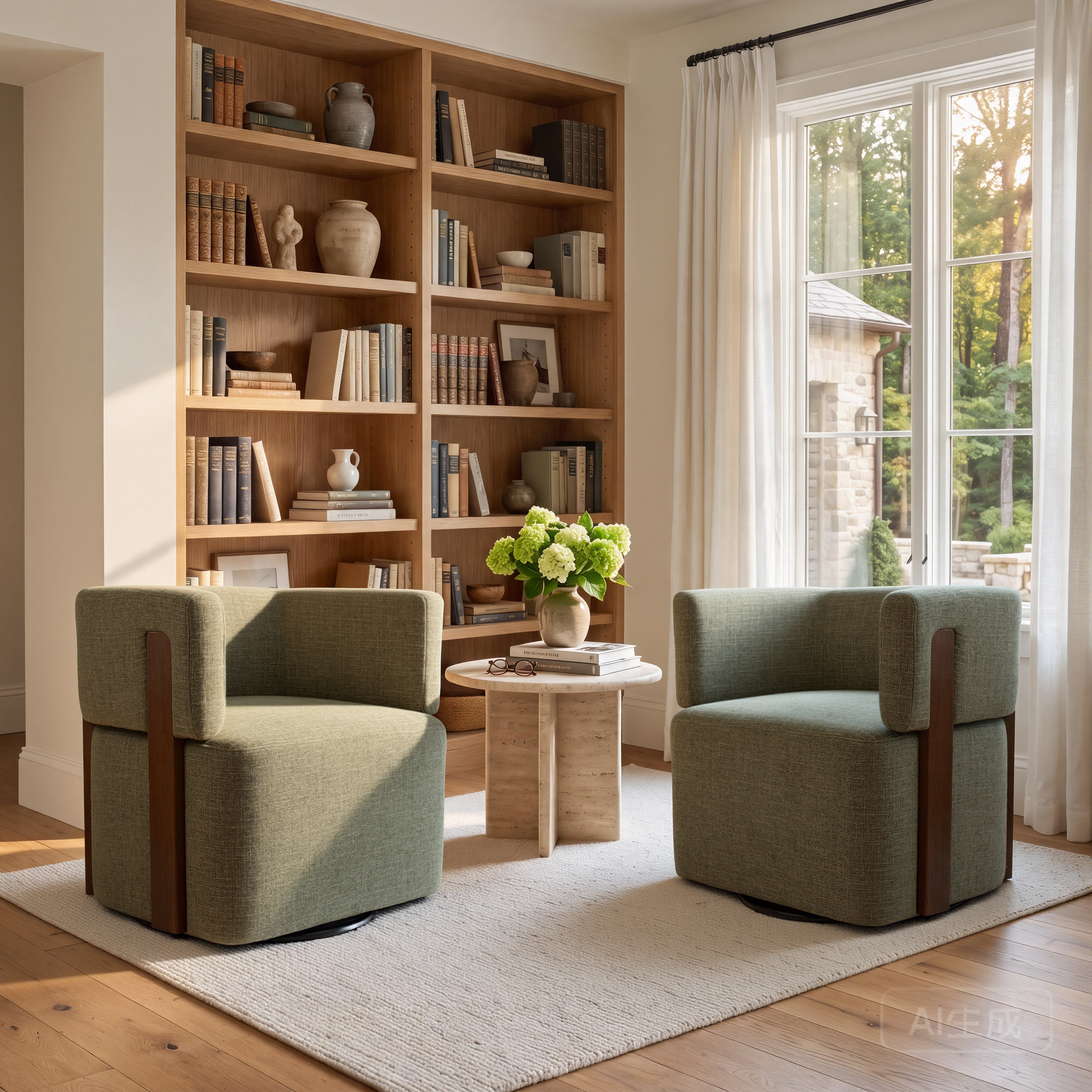 Modern Swivel Linen Accent Chair with Ash Wood Supports