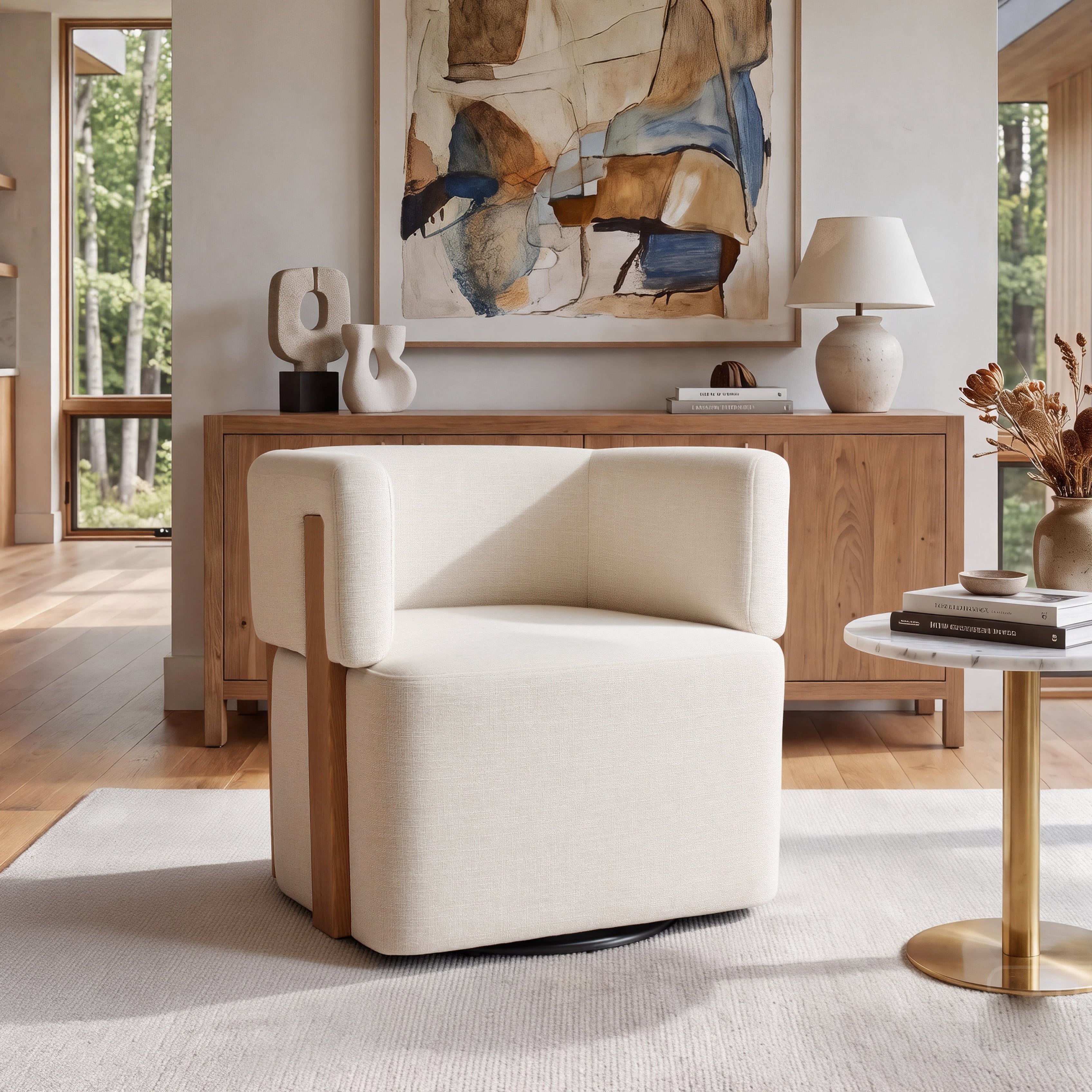 Modern Swivel Linen Accent Chair with Ash Wood Supports