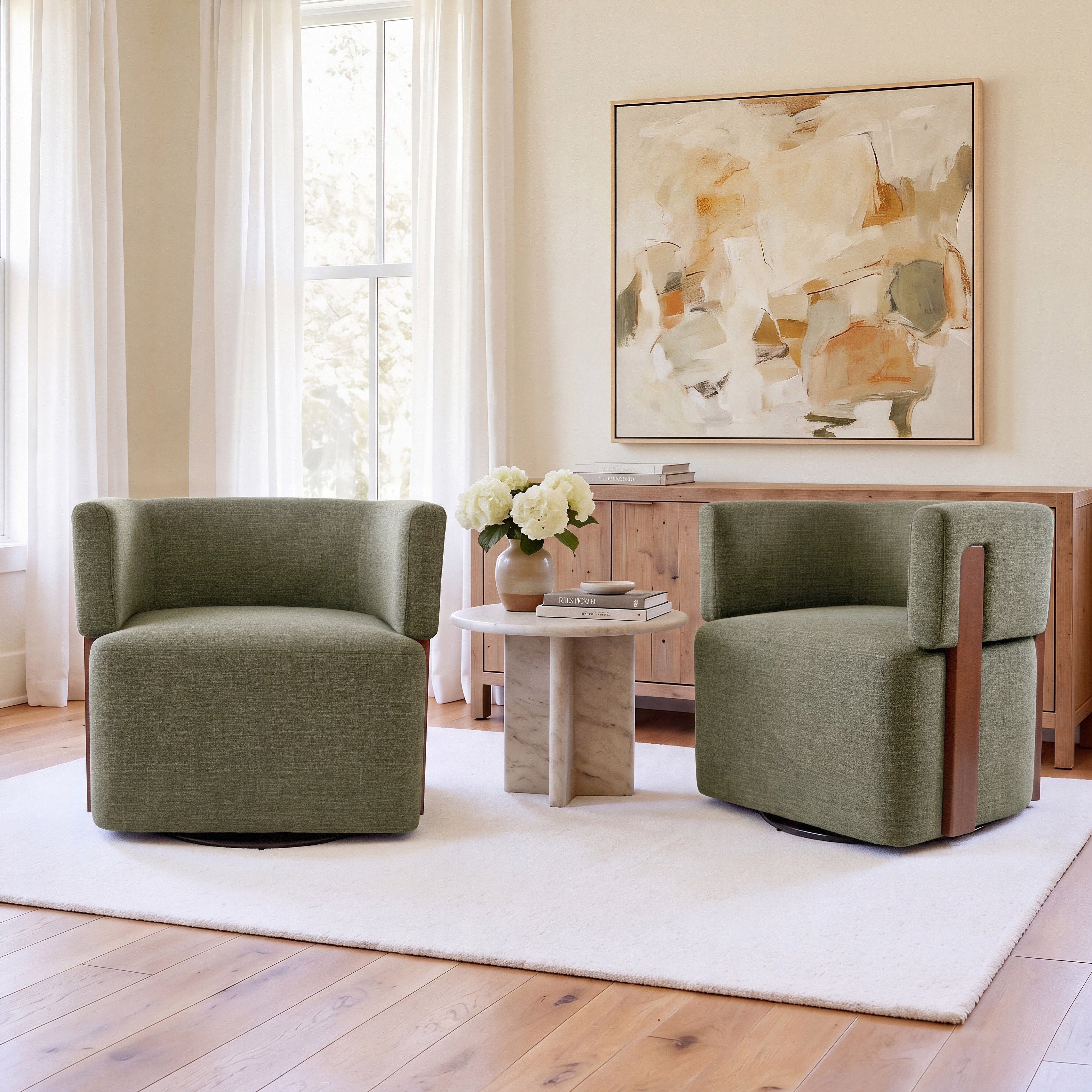 Modern Swivel Linen Accent Chair with Ash Wood Supports
