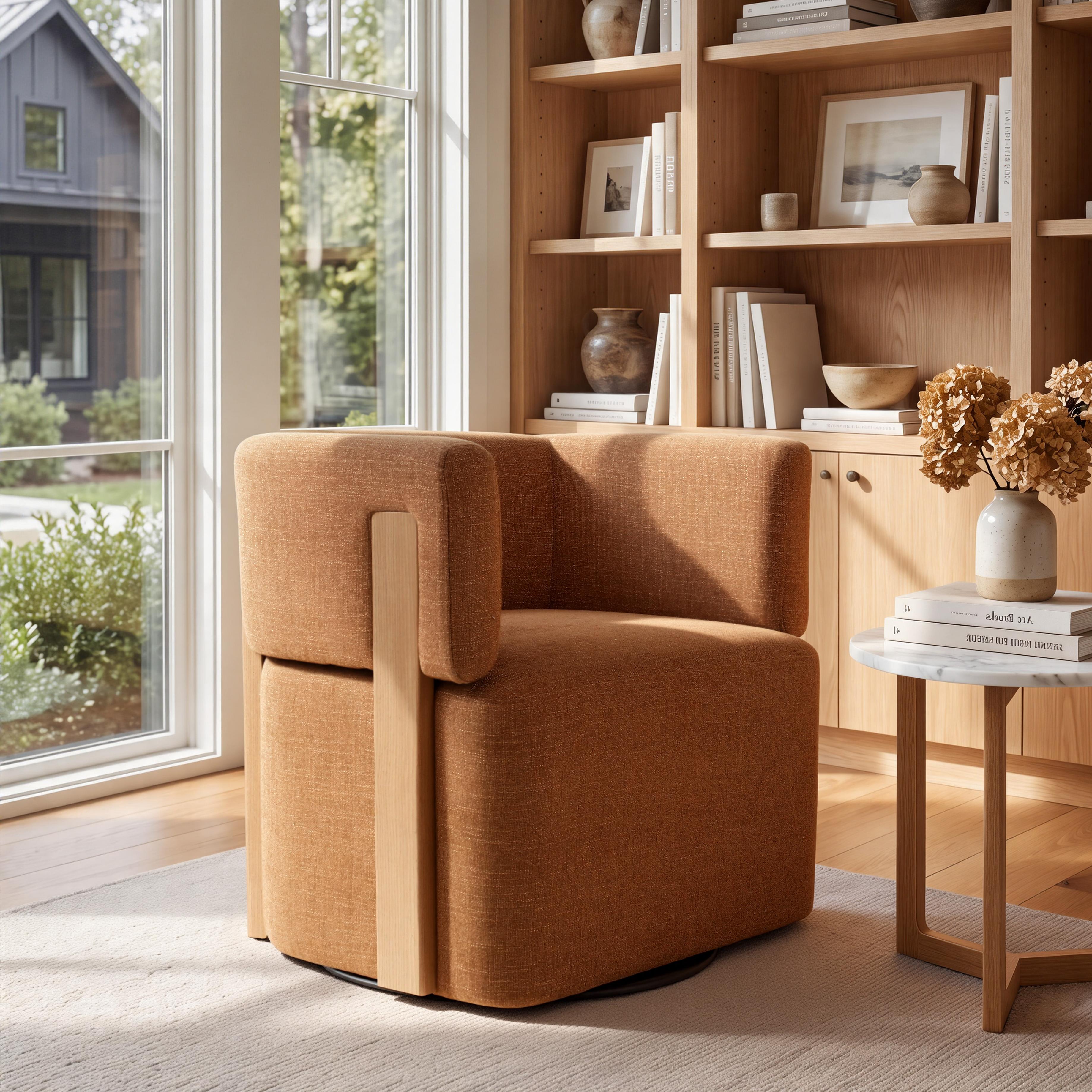 Modern Swivel Linen Accent Chair with Ash Wood Supports