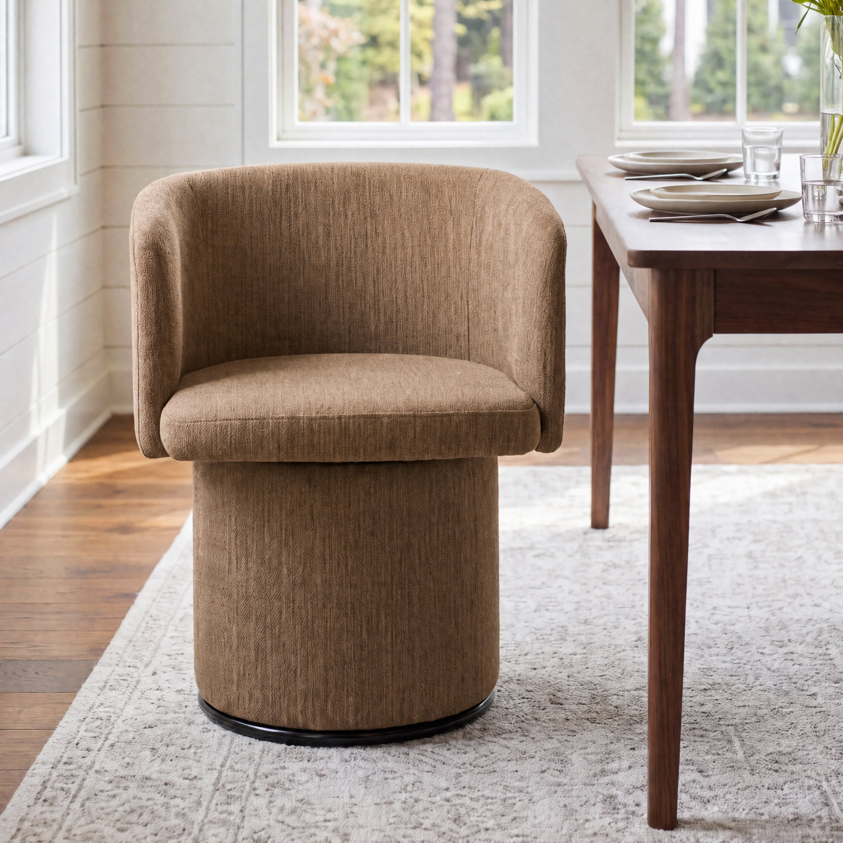 Modern Swivel Linen Dining Chair with Curved Bentwood Backrest