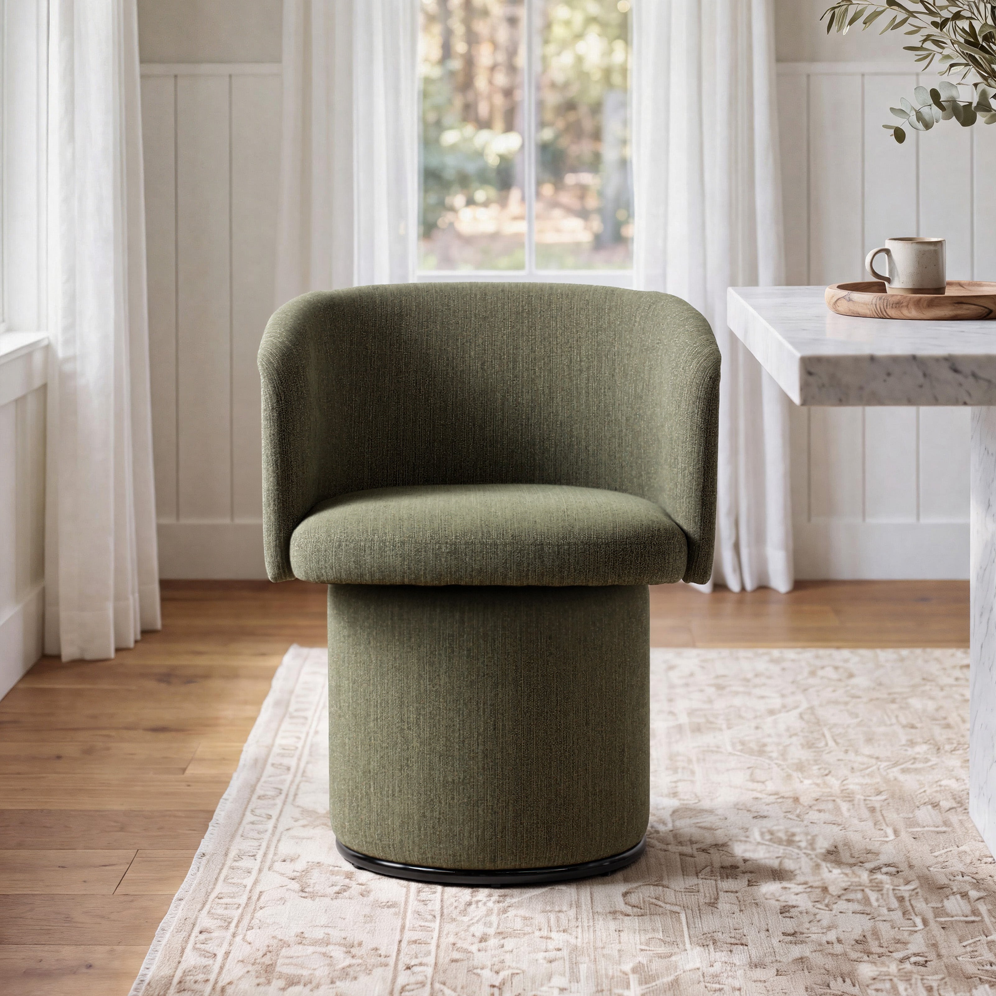 Modern Swivel Linen Dining Chair with Curved Bentwood Backrest