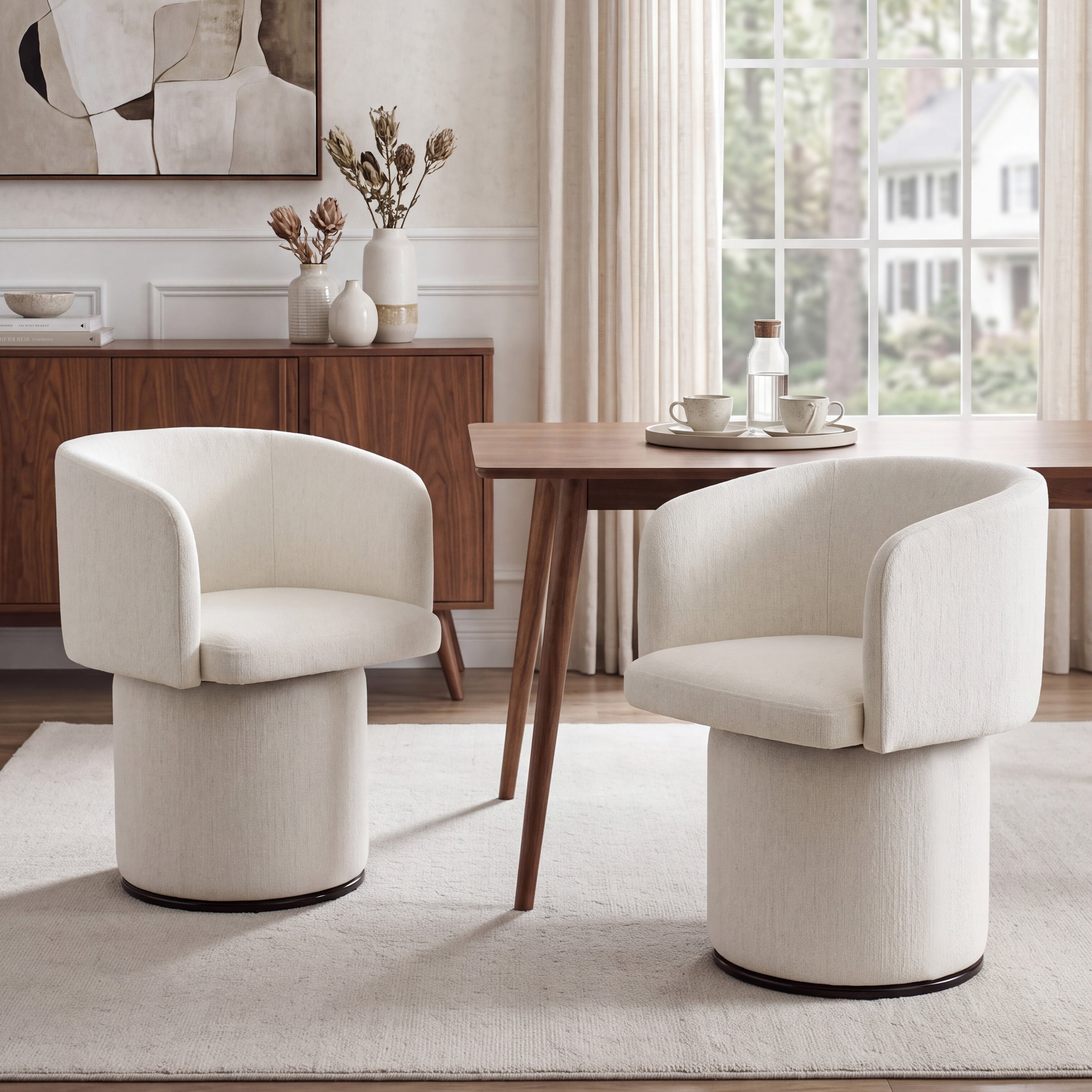 Modern Swivel Linen Dining Chair with Curved Bentwood Backrest