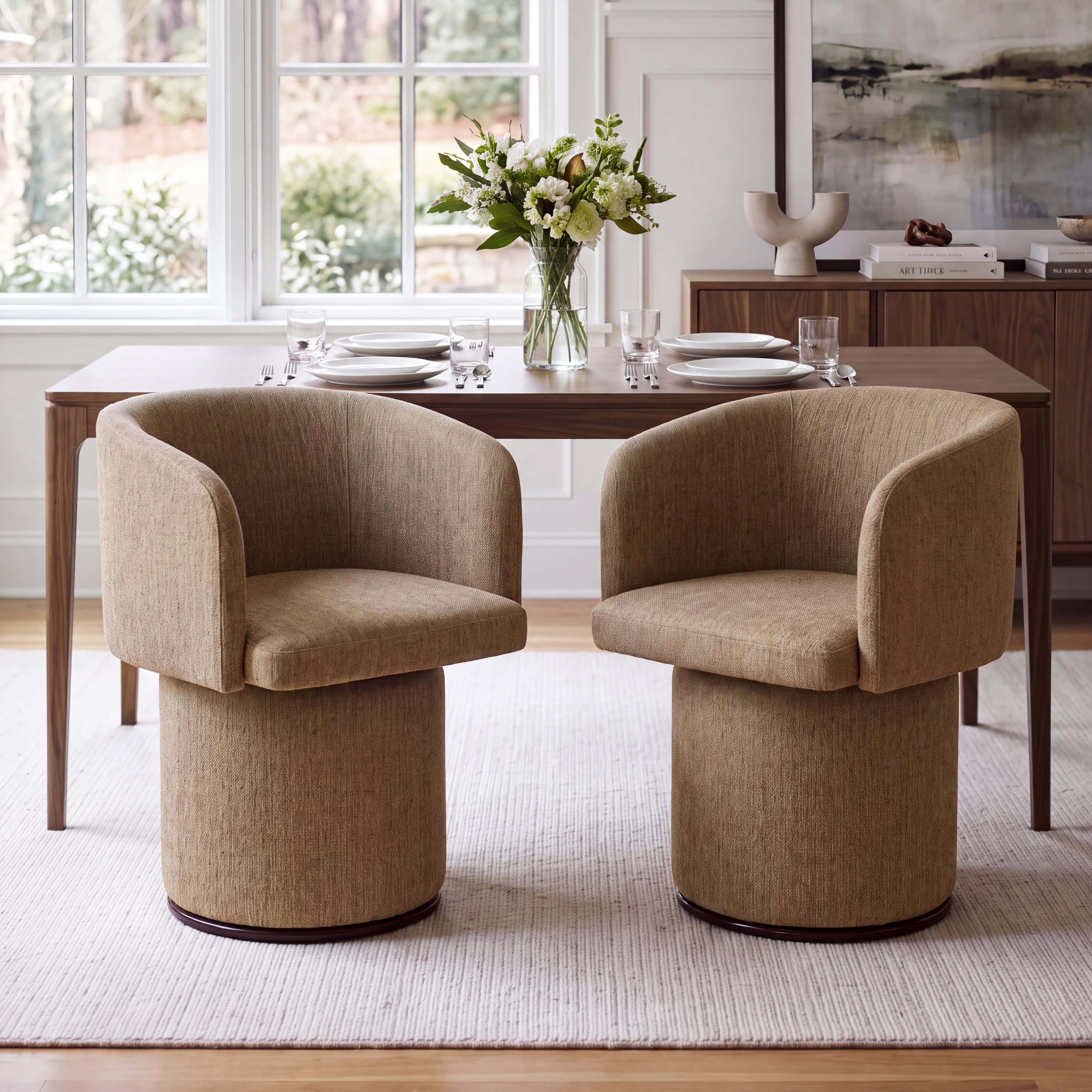 Modern Swivel Linen Dining Chair with Curved Bentwood Backrest