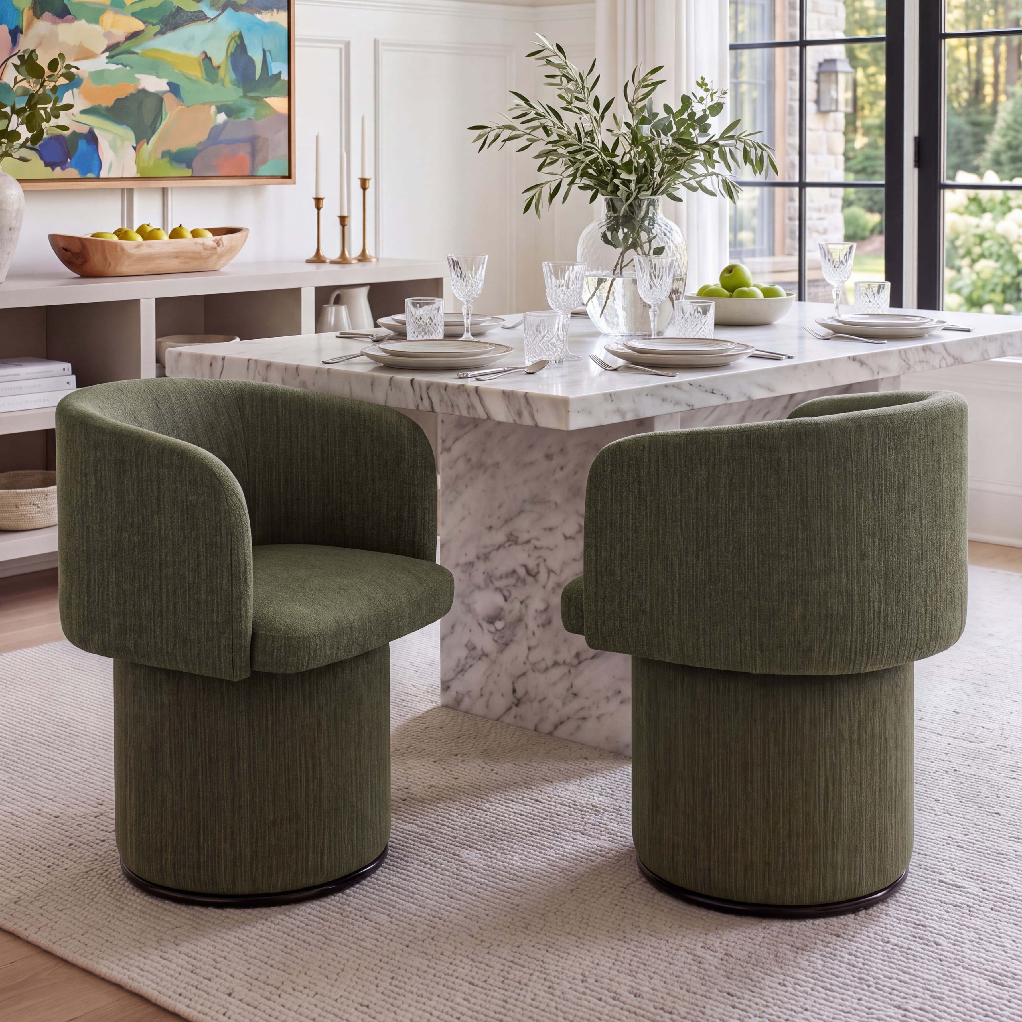Modern Swivel Linen Dining Chair with Curved Bentwood Backrest