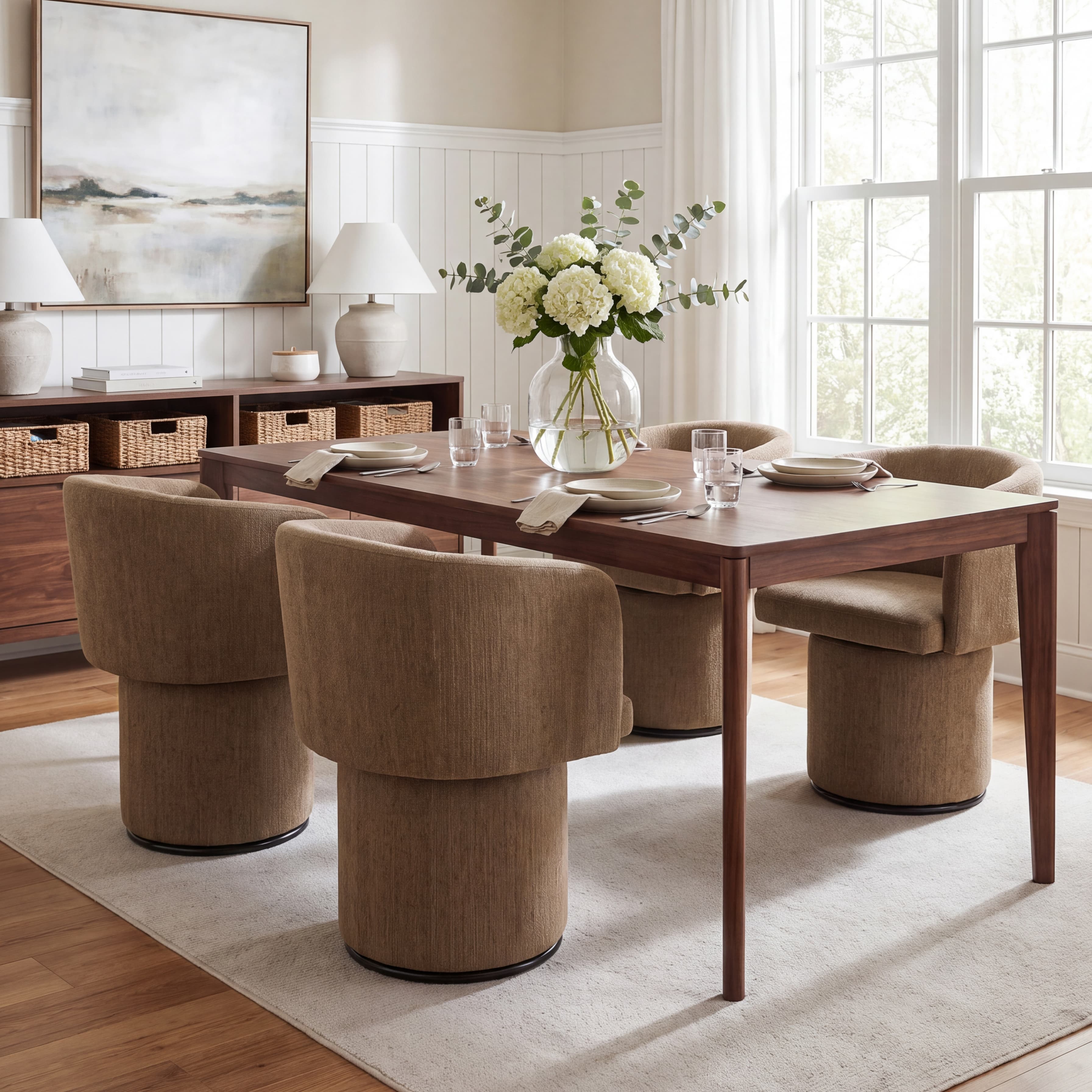 Modern Swivel Linen Dining Chair with Curved Bentwood Backrest