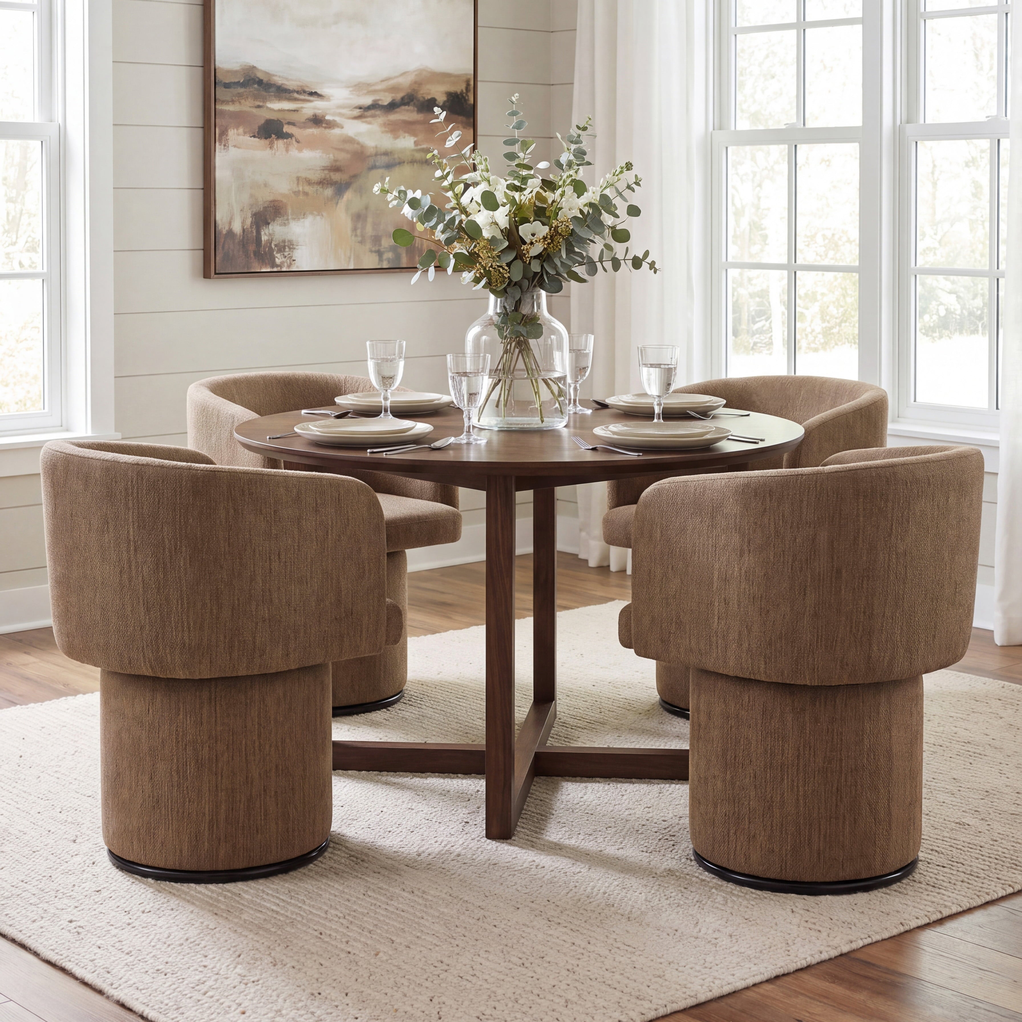 Modern Swivel Linen Dining Chair with Curved Bentwood Backrest