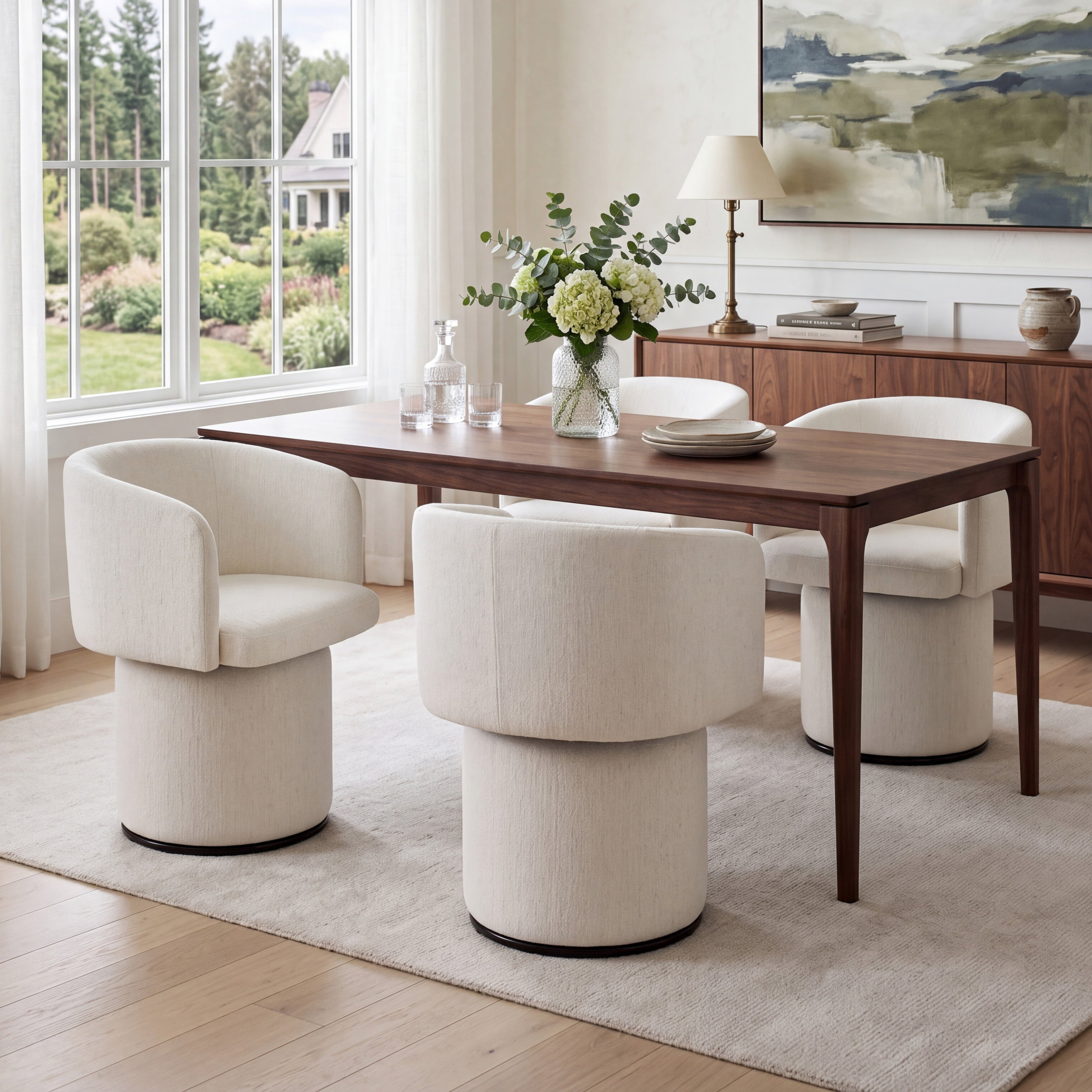 Modern Swivel Linen Dining Chair with Curved Bentwood Backrest