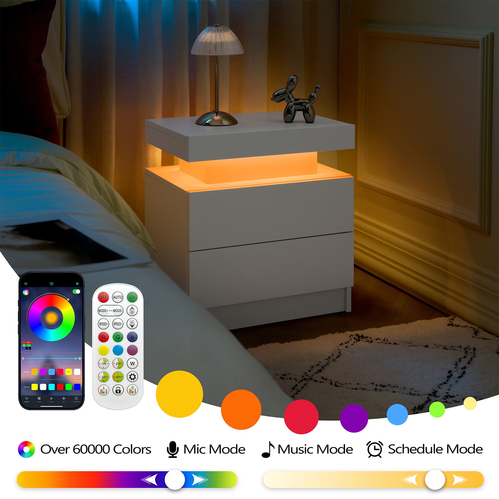 Modern LED Nightstand Bedside Table with 2 Drawers