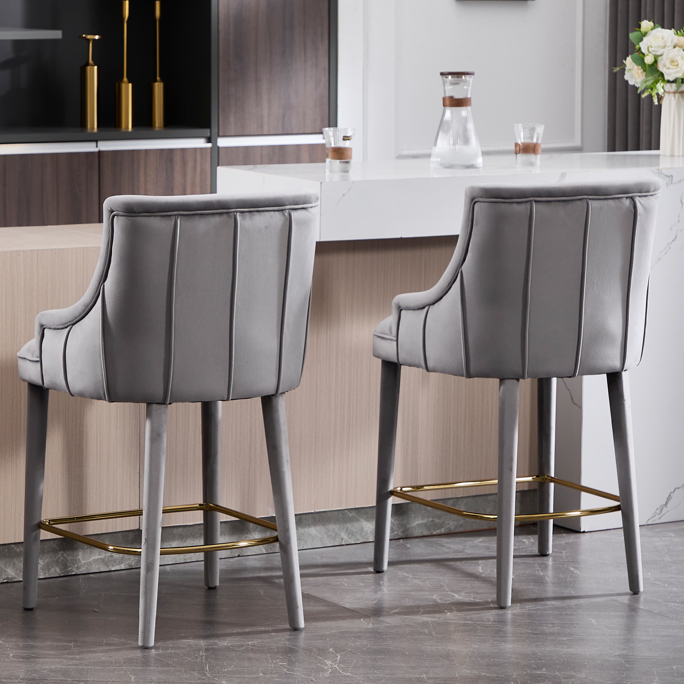 ZH4YOU 26.5”H Tufted Velvet Bar Stools Set of 2 - 5834CS