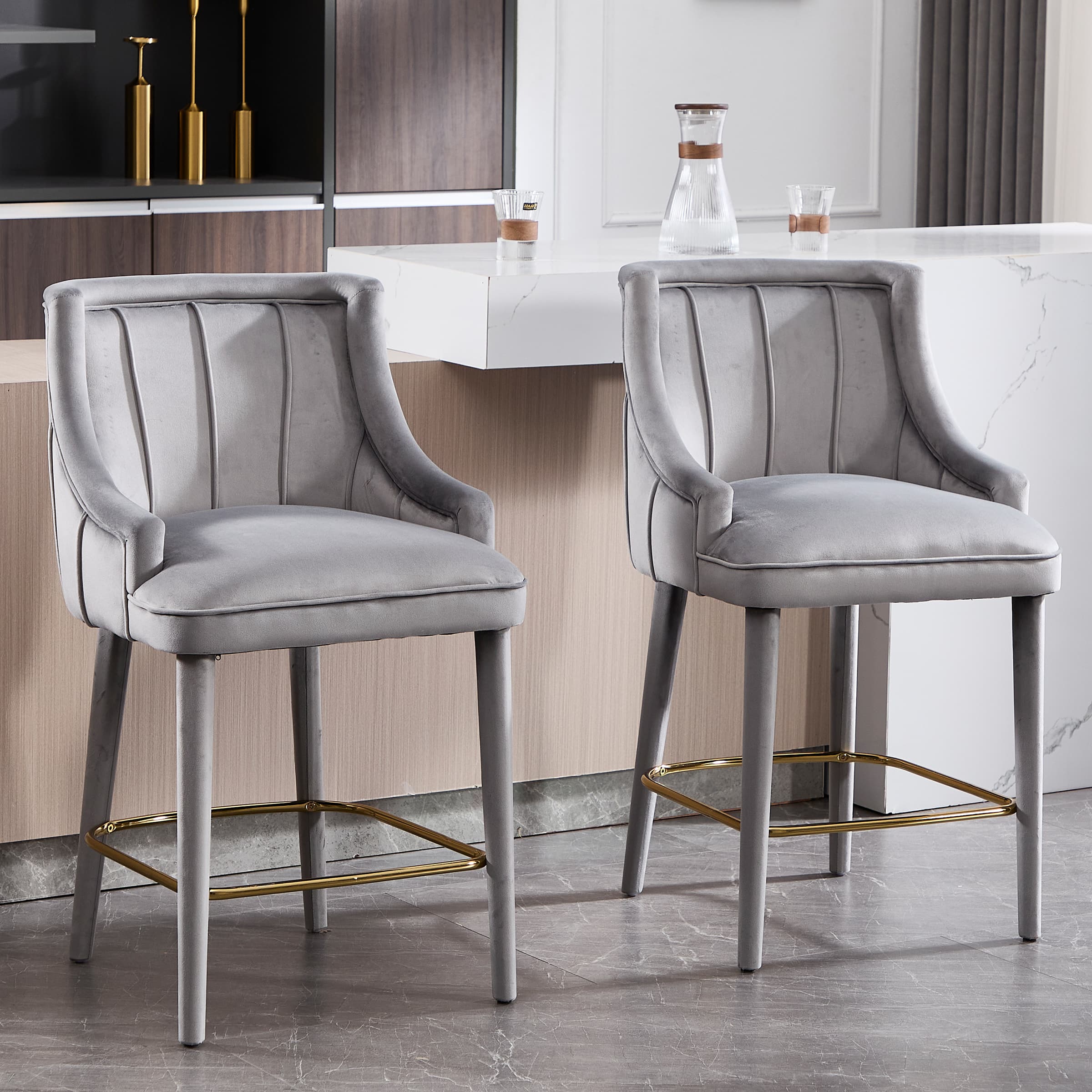 ZH4YOU 26.5”H Tufted Velvet Bar Stools Set of 2 - 5834CS