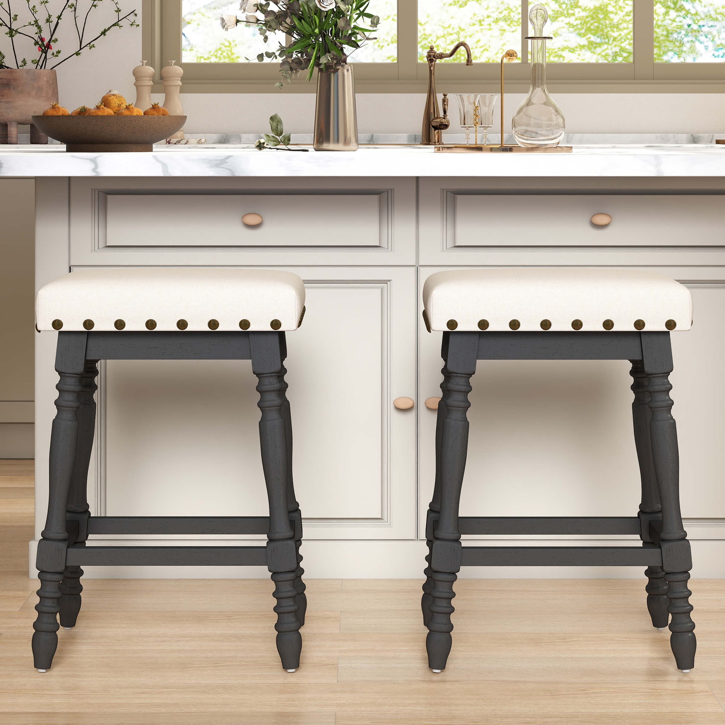 ROCITY Wooden Backless Counter Height Stools with Nailhead Trim Set of 2 - 6093CS