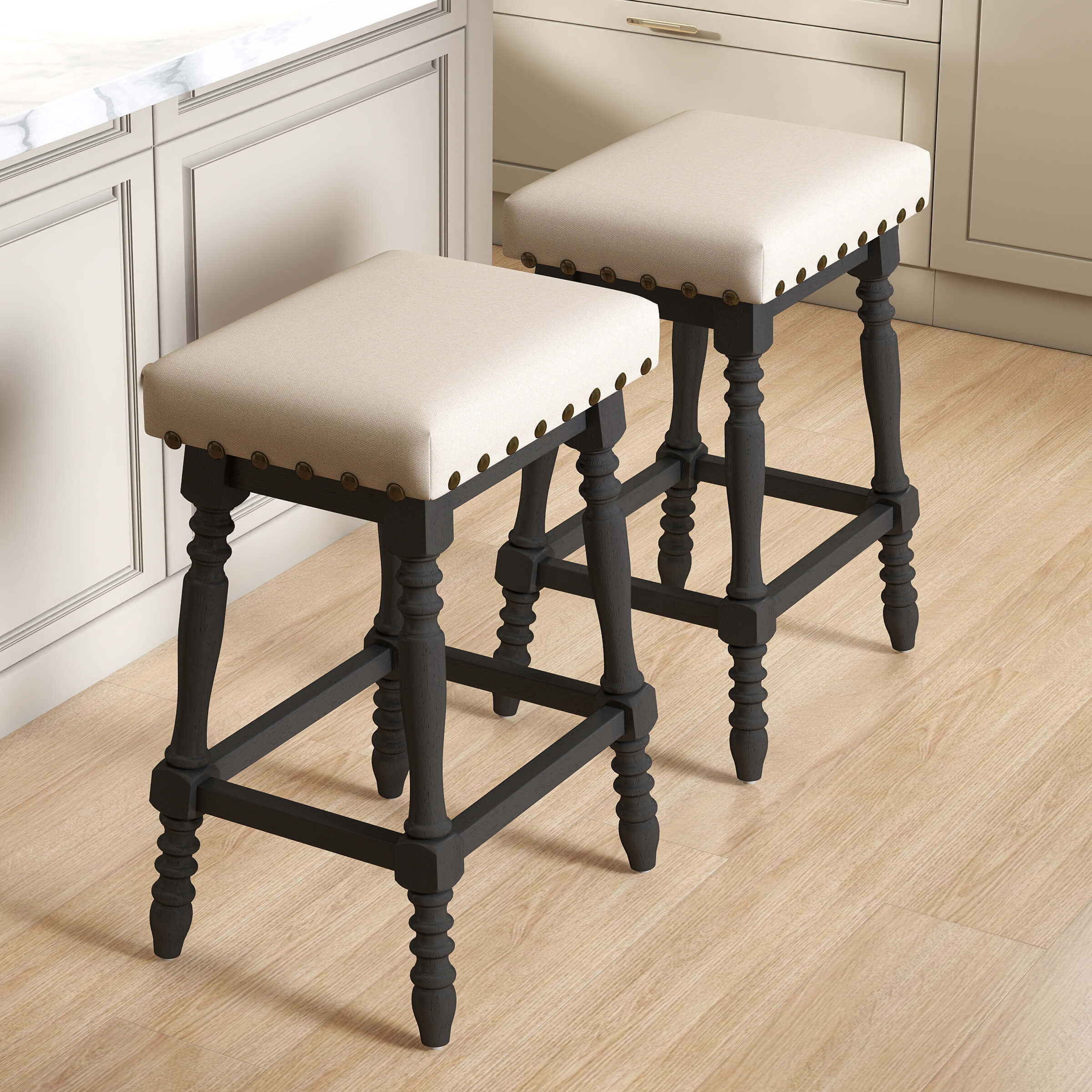 ROCITY Wooden Backless Counter Height Stools with Nailhead Trim Set of 2 - 6093CS