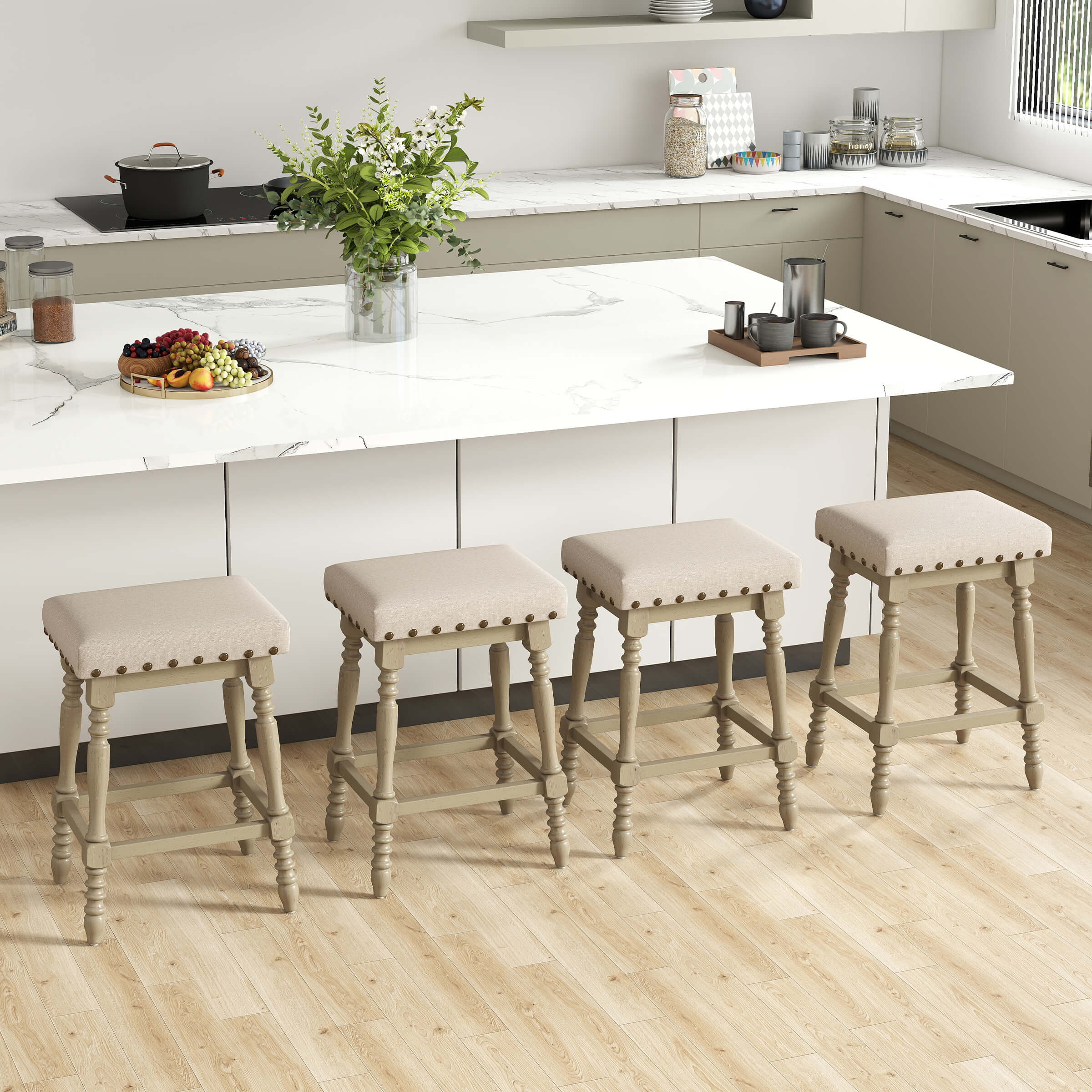 ROCITY Wooden Backless Counter Height Stools with Nailhead Trim Set of 2 - 6093CS