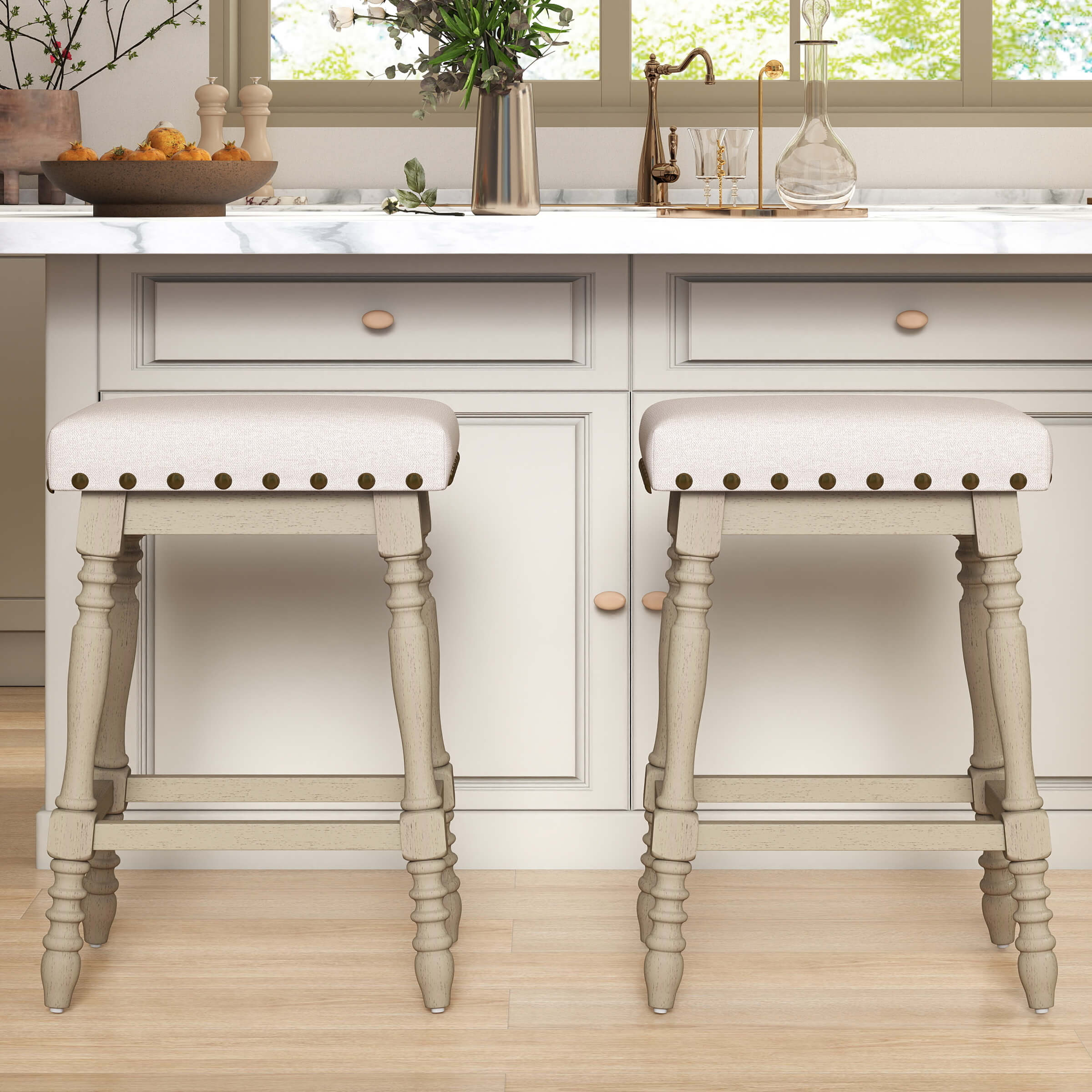 ROCITY Wooden Backless Counter Height Stools with Nailhead Trim Set of 2 - 6093CS