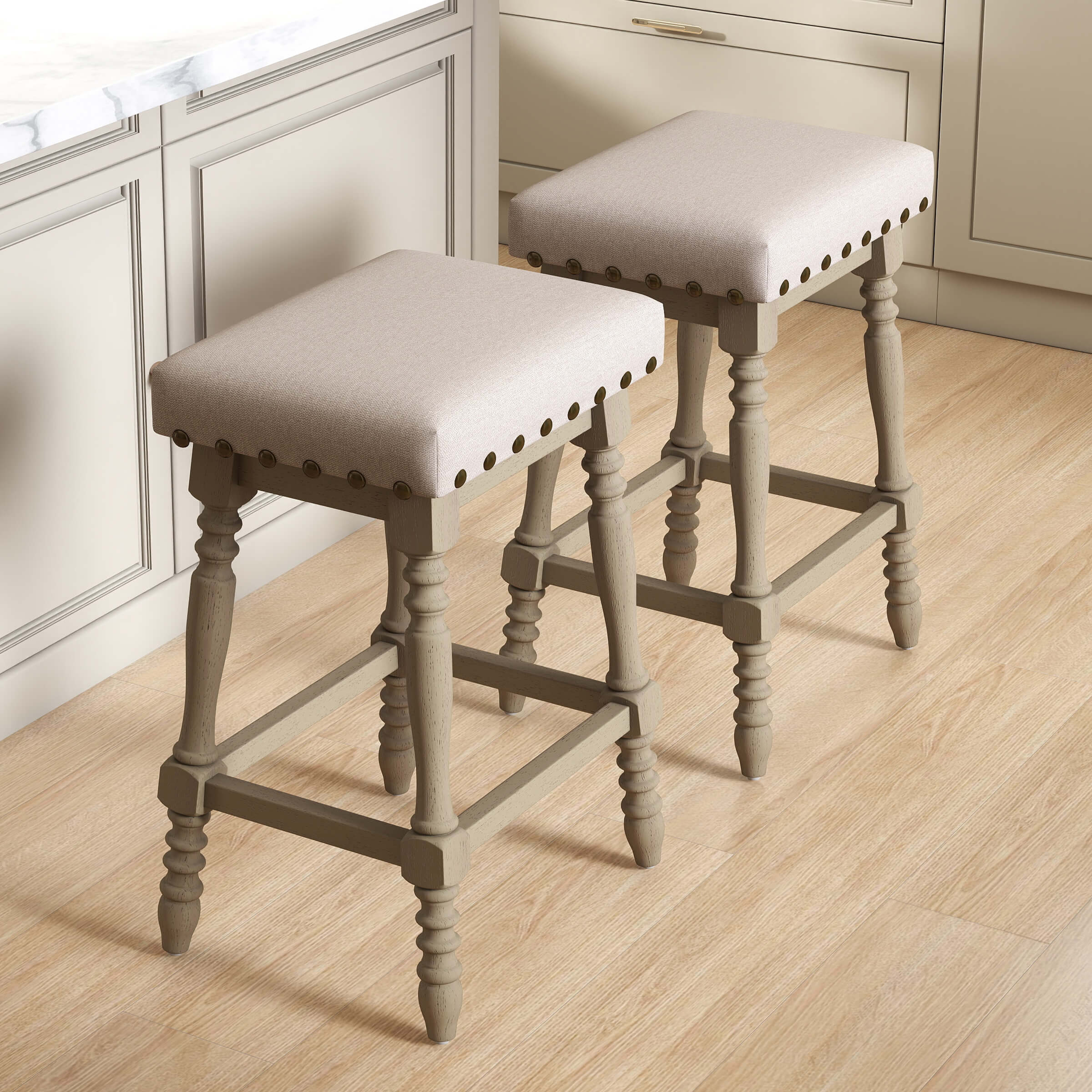 ROCITY Wooden Backless Counter Height Stools with Nailhead Trim Set of 2 - 6093CS