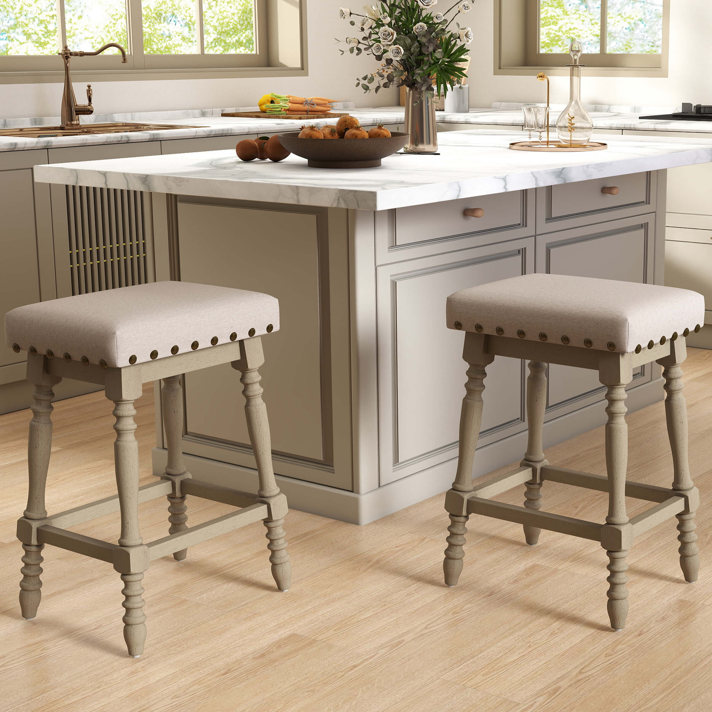 ROCITY Wooden Backless Counter Height Stools with Nailhead Trim Set of 2 - 6093CS