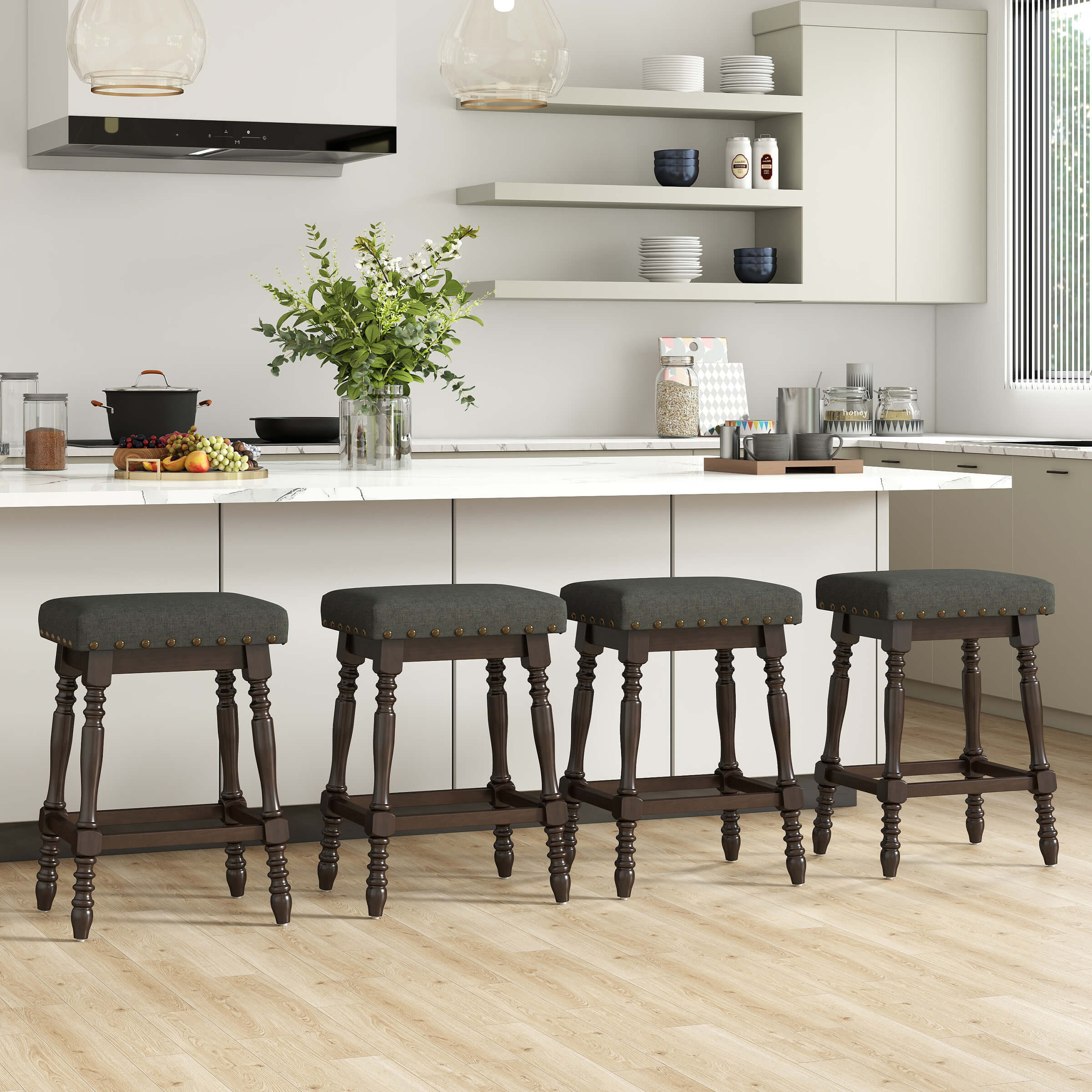 ROCITY Wooden Backless Counter Height Stools with Nailhead Trim Set of 2 - 6093CS