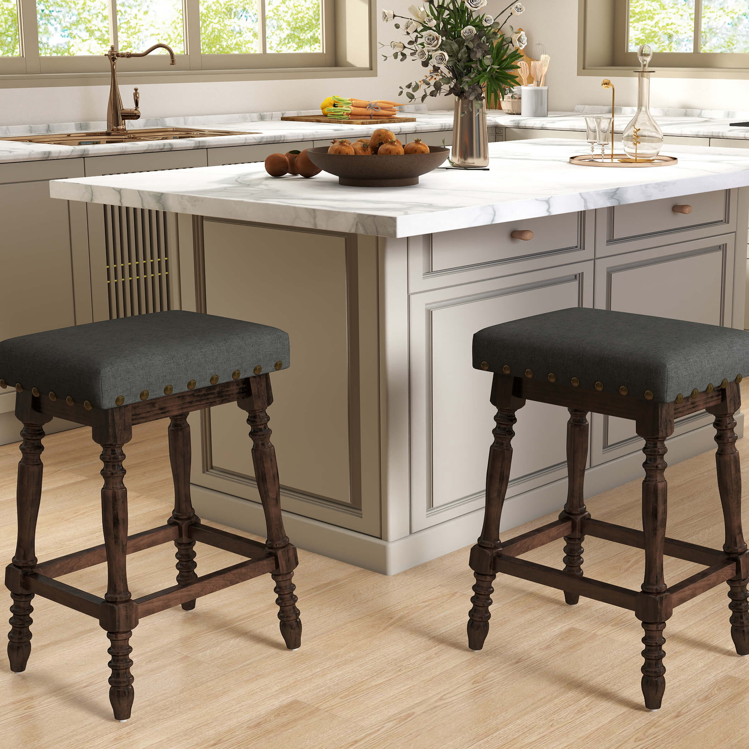 ROCITY Wooden Backless Counter Height Stools with Nailhead Trim Set of 2 - 6093CS