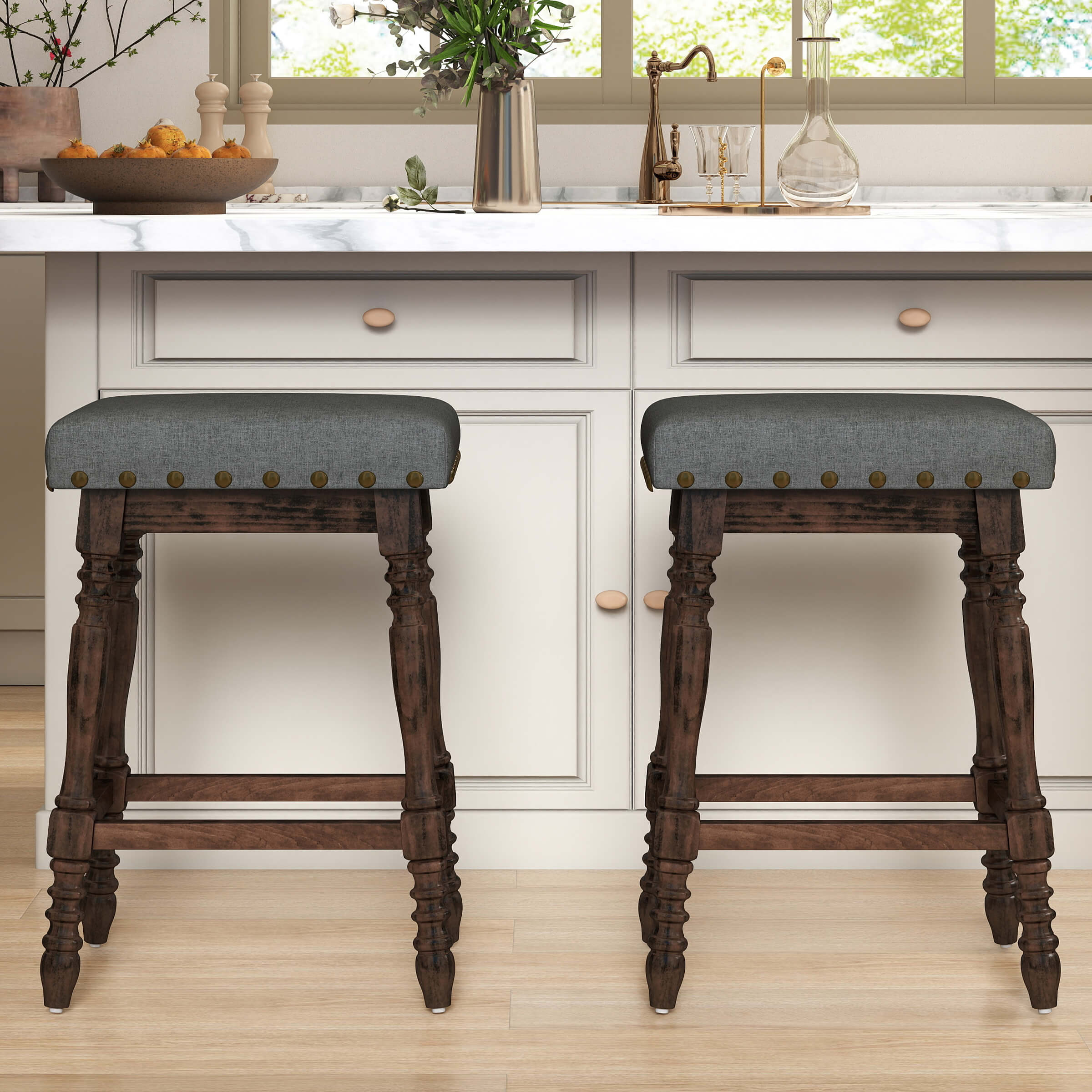 ROCITY Wooden Backless Counter Height Stools with Nailhead Trim Set of 2 - 6093CS