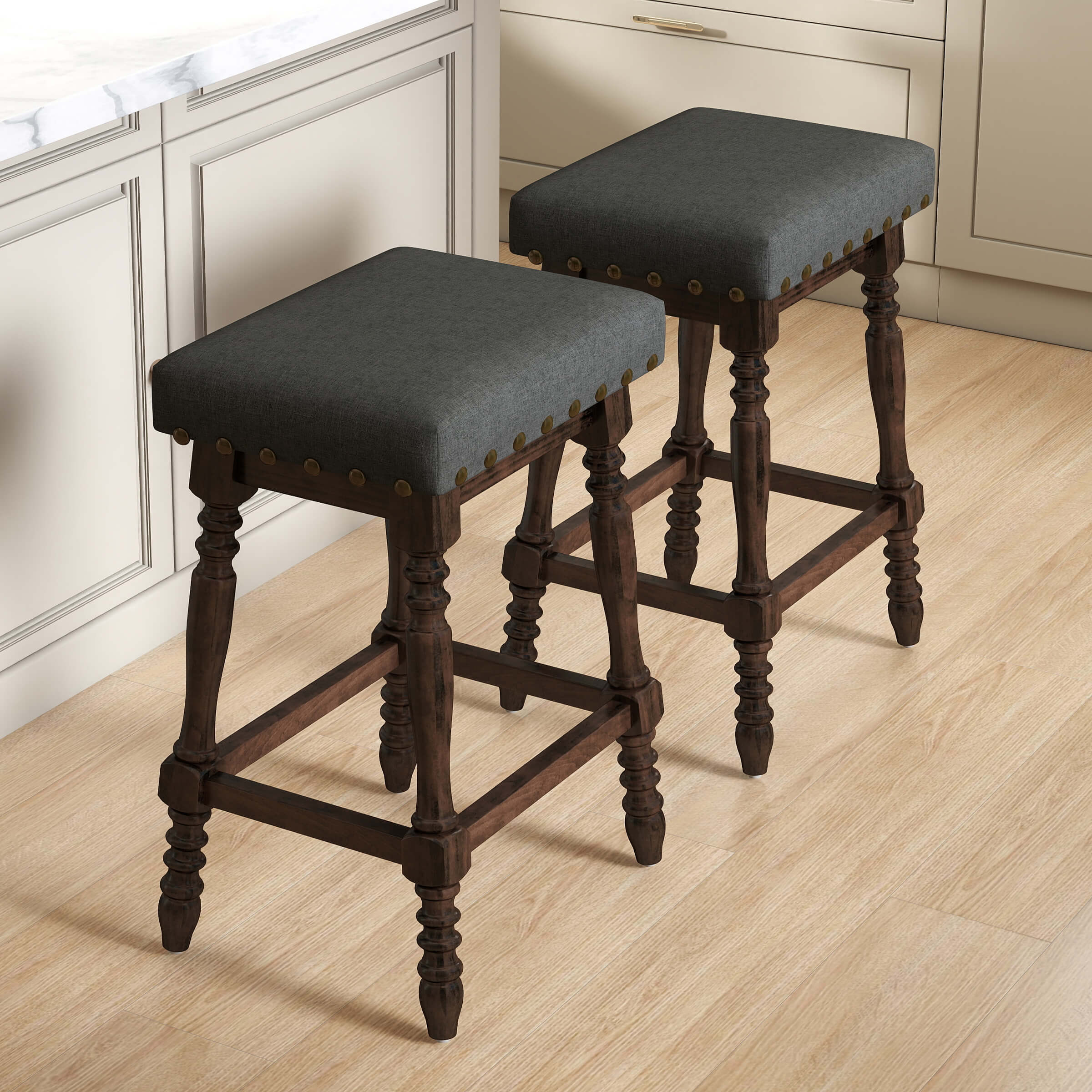 ROCITY Wooden Backless Counter Height Stools with Nailhead Trim Set of 2 - 6093CS