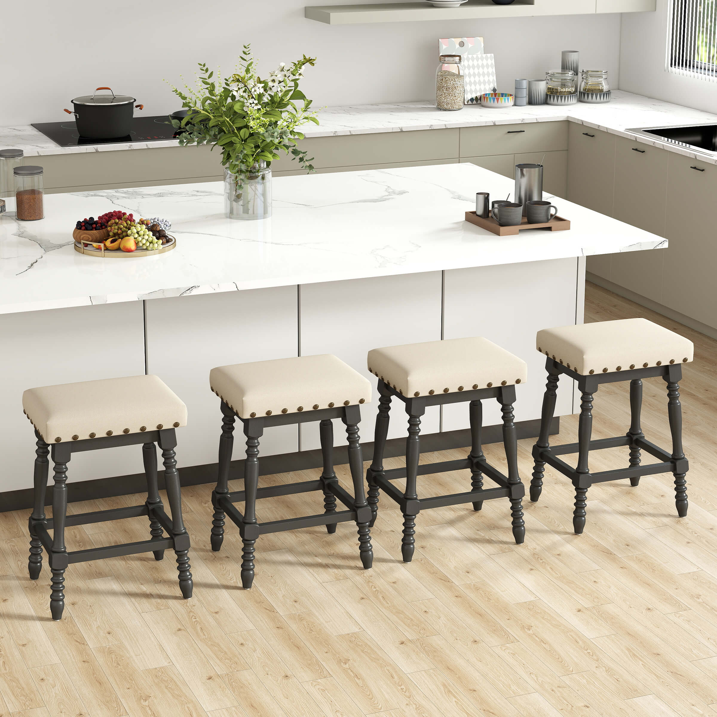 ROCITY Wooden Backless Counter Height Stools with Nailhead Trim Set of 2 - 6093CS