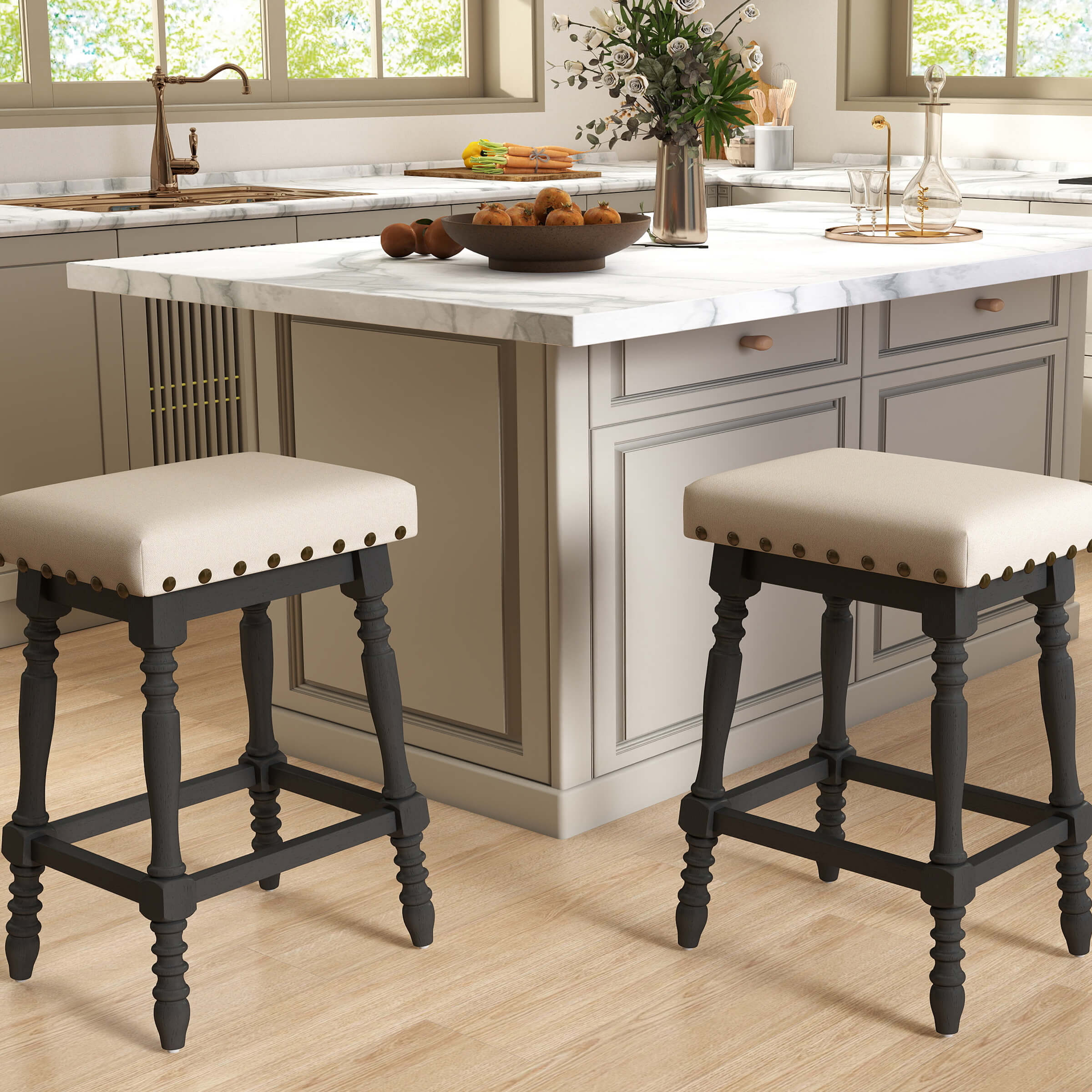 ROCITY Wooden Backless Counter Height Stools with Nailhead Trim Set of 2 - 6093CS