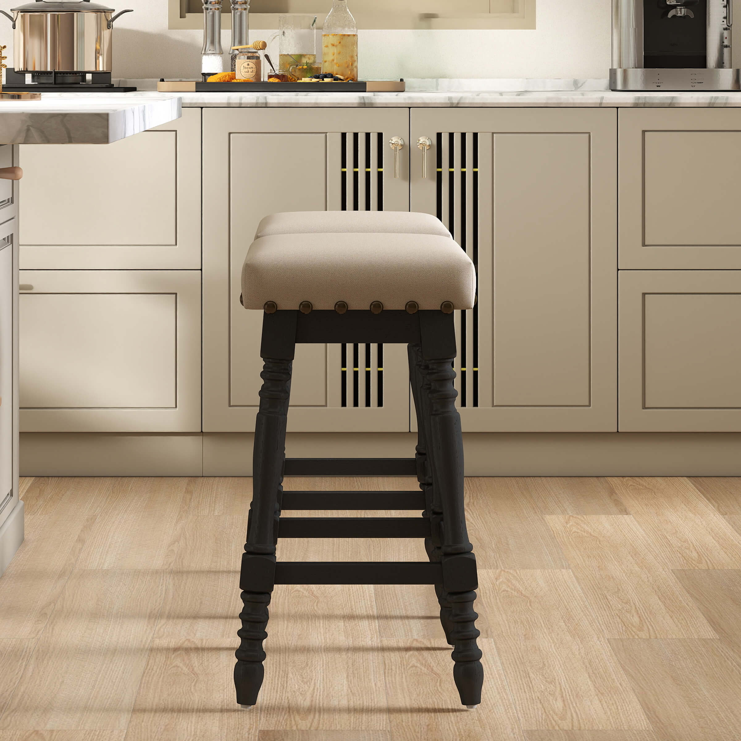 ROCITY Wooden Backless Counter Height Stools with Nailhead Trim Set of 2 - 6093CS
