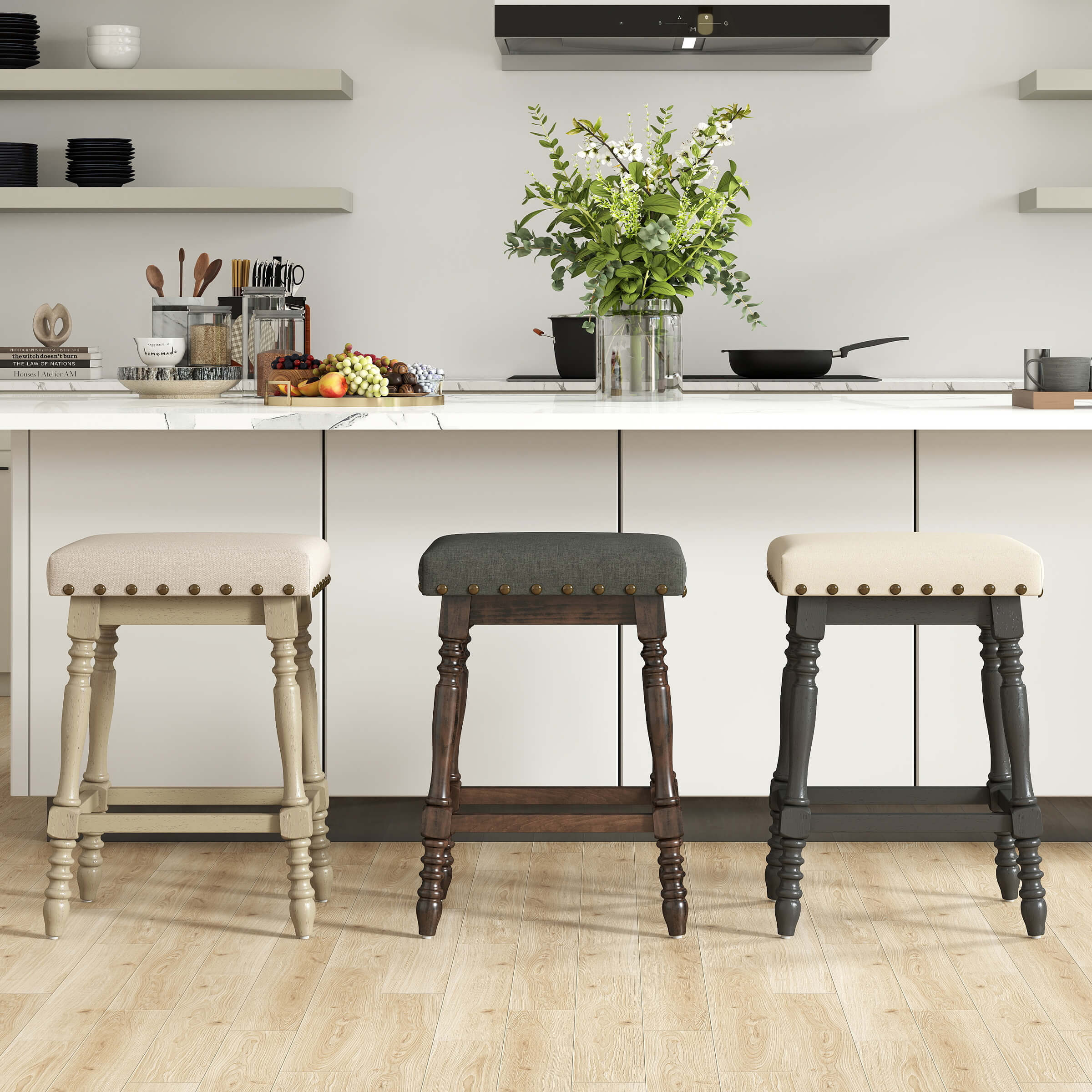 ROCITY Wooden Backless Counter Height Stools with Nailhead Trim Set of 2 - 6093CS