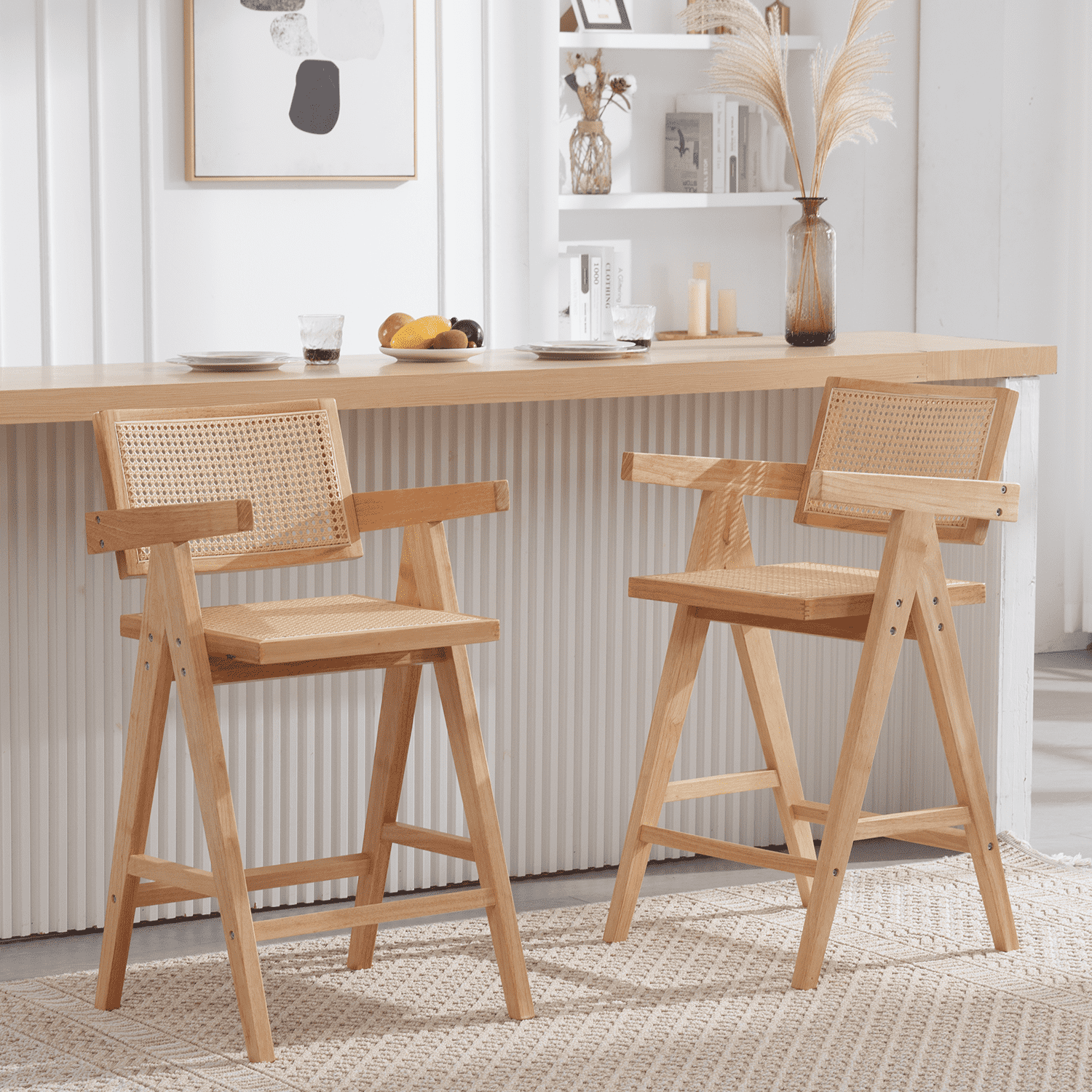 VESCASA Wooden Woven Back Counter Stools Set of 2 - 5805CS